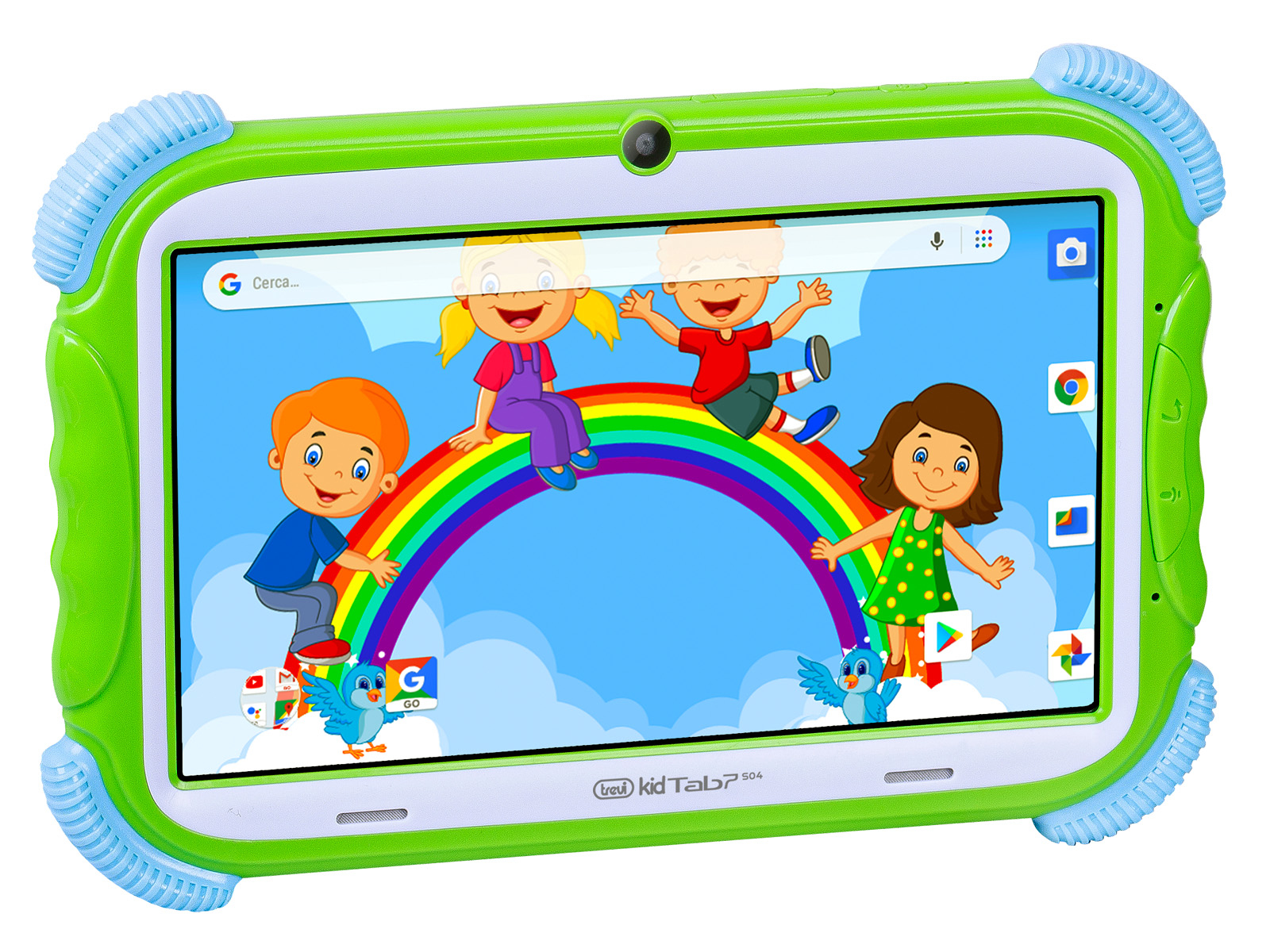 Tablet verde e blu con disegno di bambini su un arcobaleno.