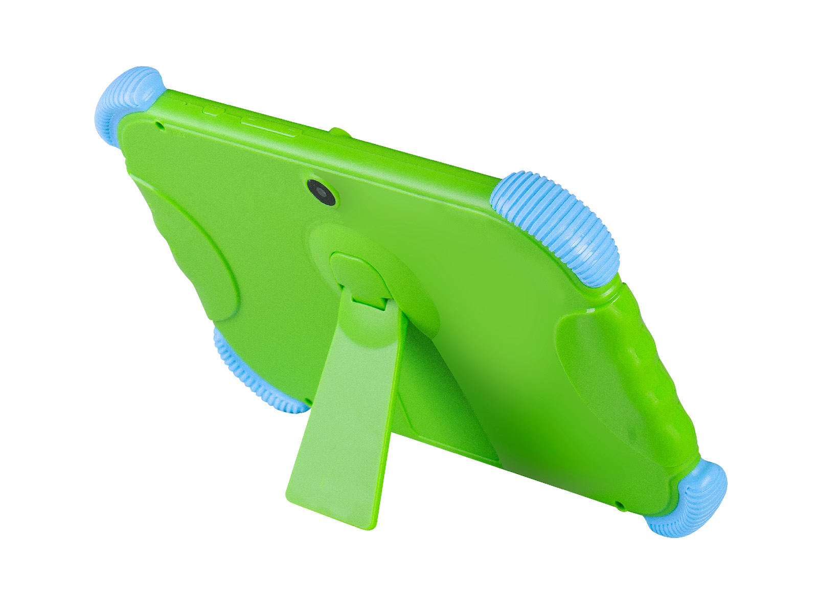 Tablet verde con paraurti blu, in piedi sul suo supporto, sfondo bianco.