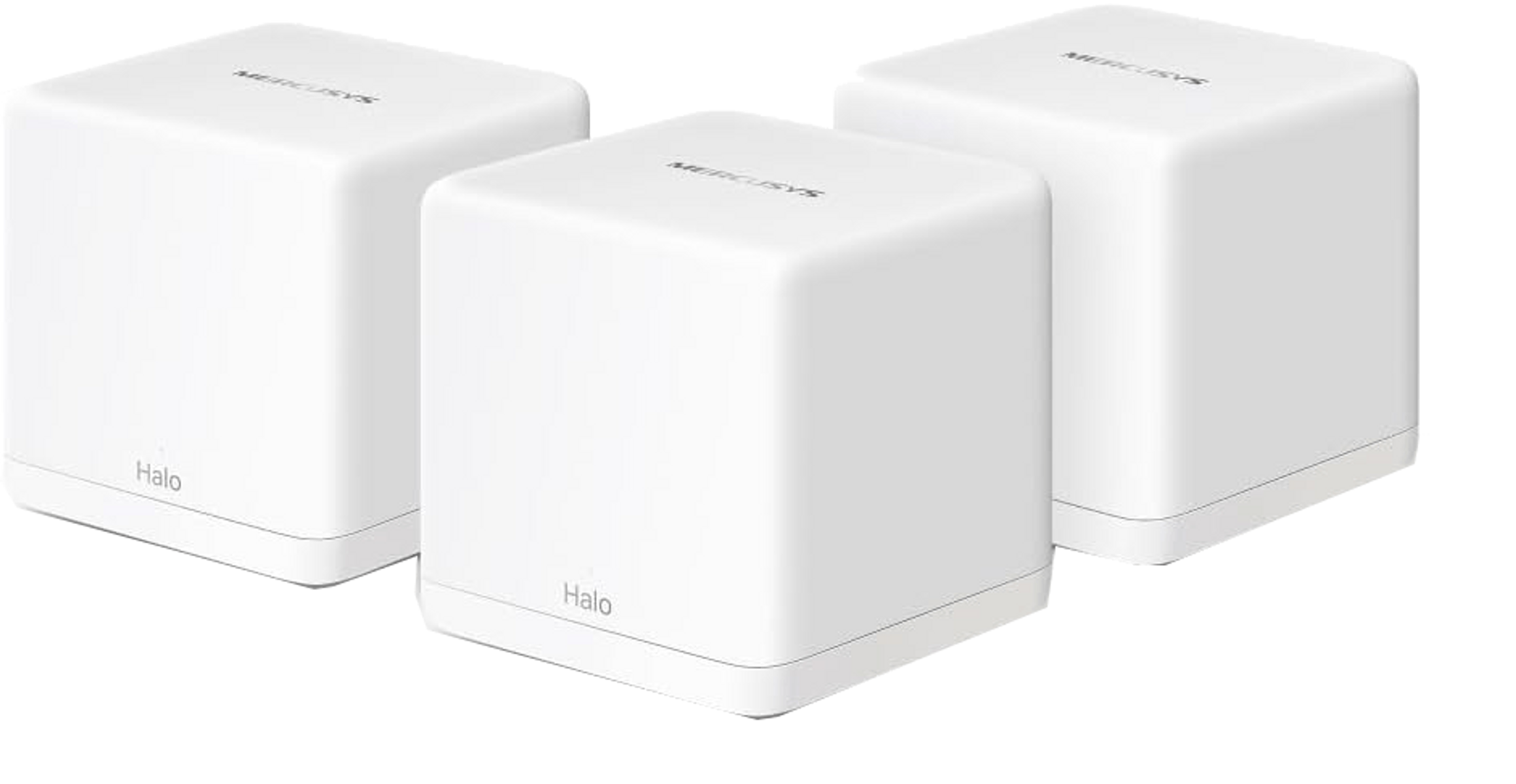 Tre estensori WiFi Mercusys Halo bianchi, a forma di cubo, su sfondo bianco.