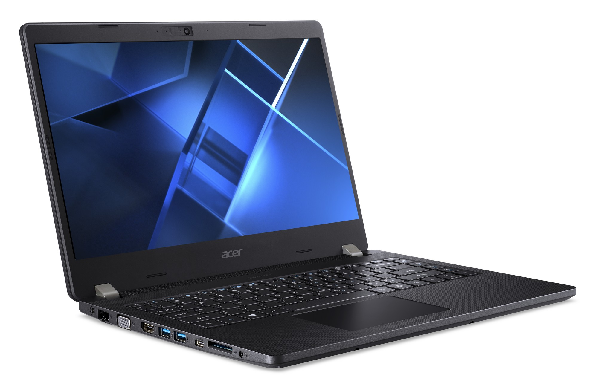 Laptop Acer nero su sfondo bianco. Lo schermo mostra un design astratto blu. Tastiera e trackpad visibili.
