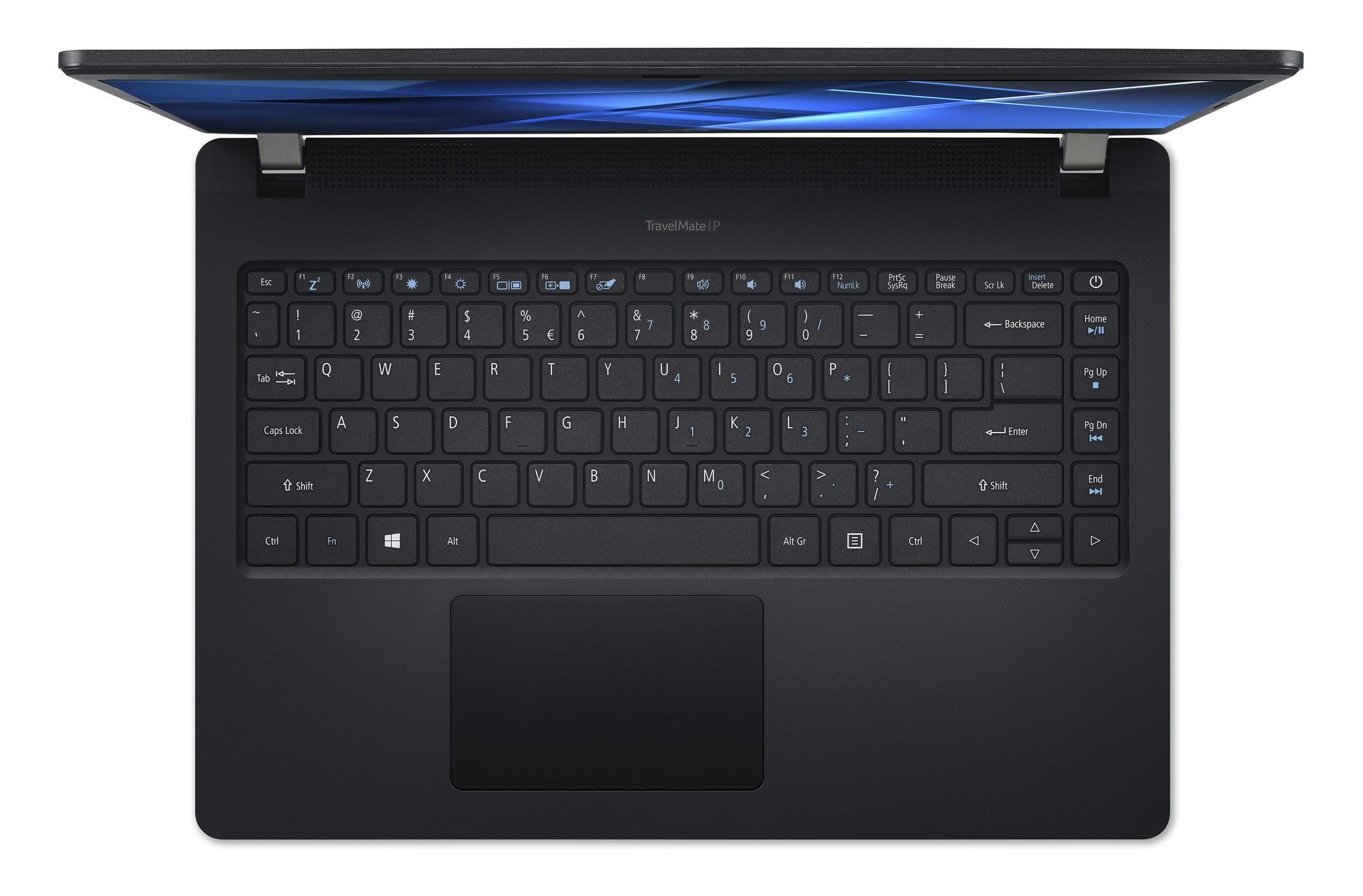 Laptop nero, vista dall'alto. Tastiera e touchpad visibili. Modello TravelMate P.