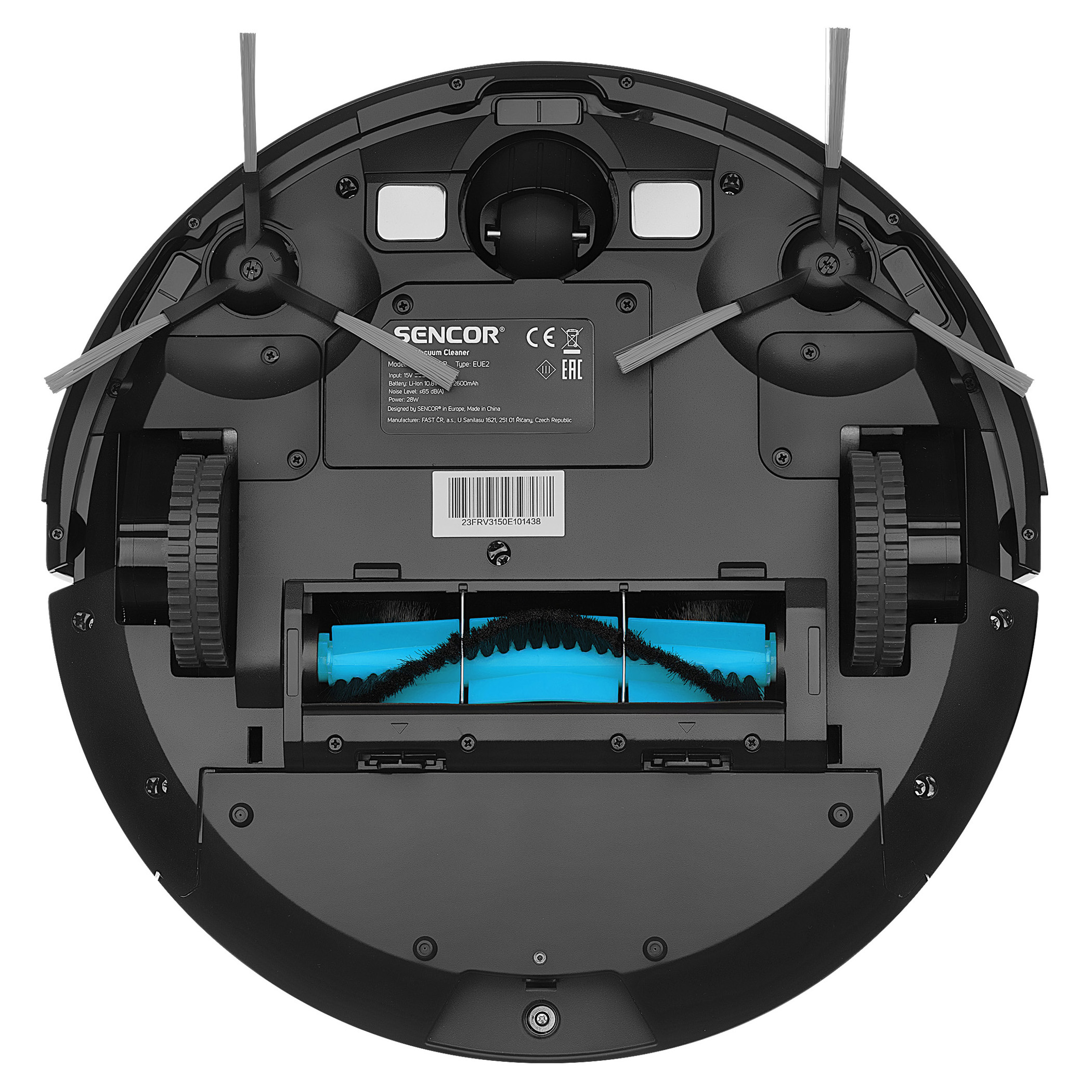Robot vacuum cleaner, seen from below. It has a round shape and multiple brushes and wheels.