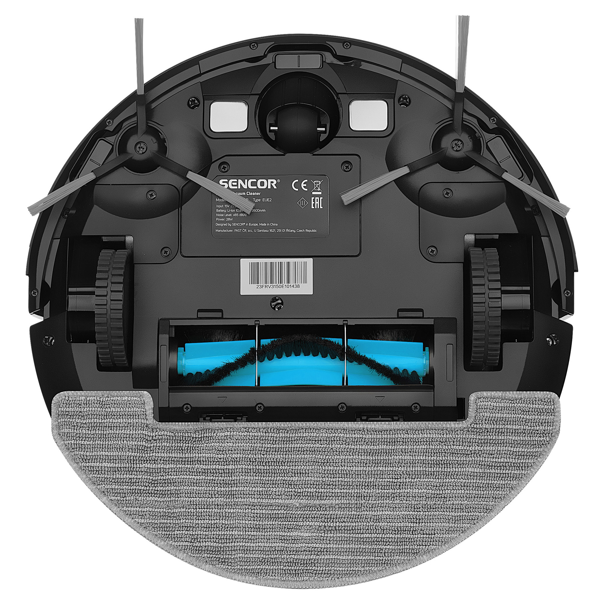 Robot vacuum cleaner, black with brushes and charging plate.