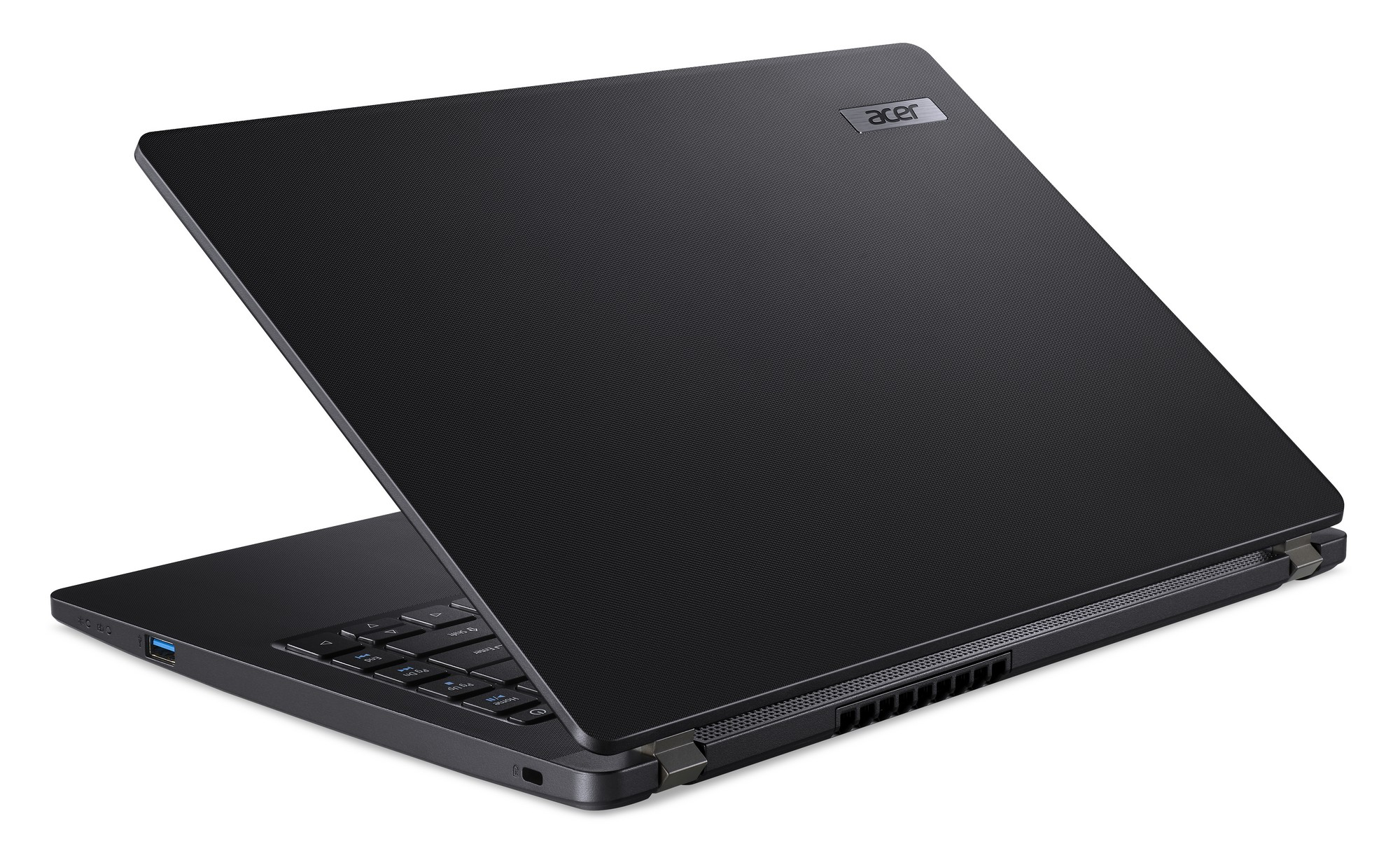 Laptop nero, vista posteriore, leggermente aperto. Logo Acer in alto. Superficie scura.