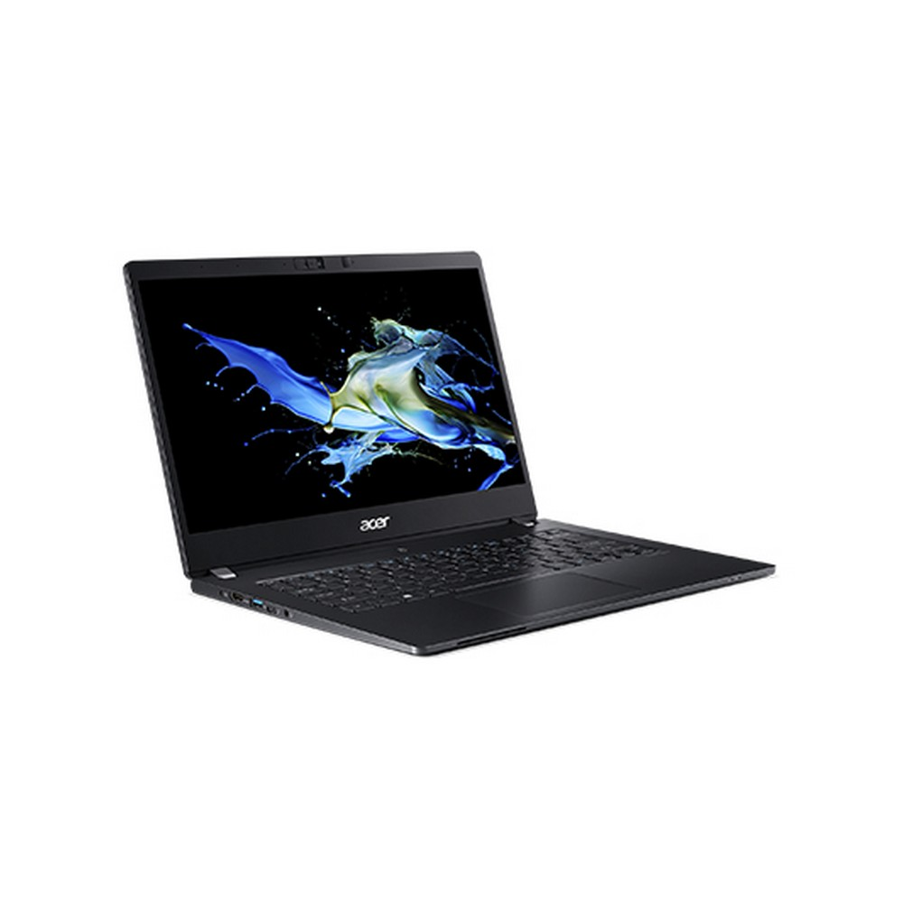 Un laptop nero con il logo Acer, aperto su un tavolo, che mostra uno schermo colorato.