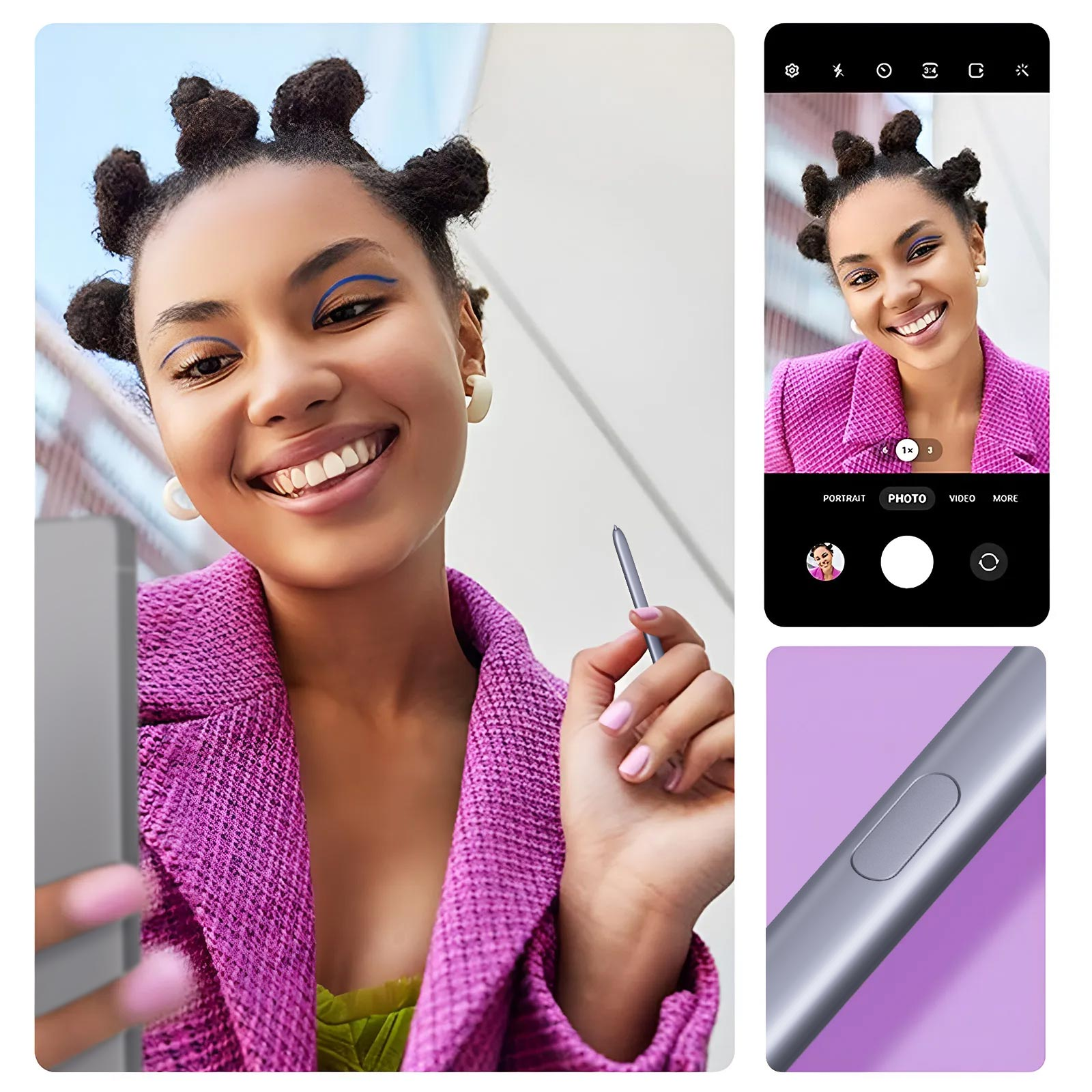 Uśmiechnięta kobieta, robiąca selfie telefonem i piórem. Inny telefon pokazuje zdjęcie i interfejs aparatu.
