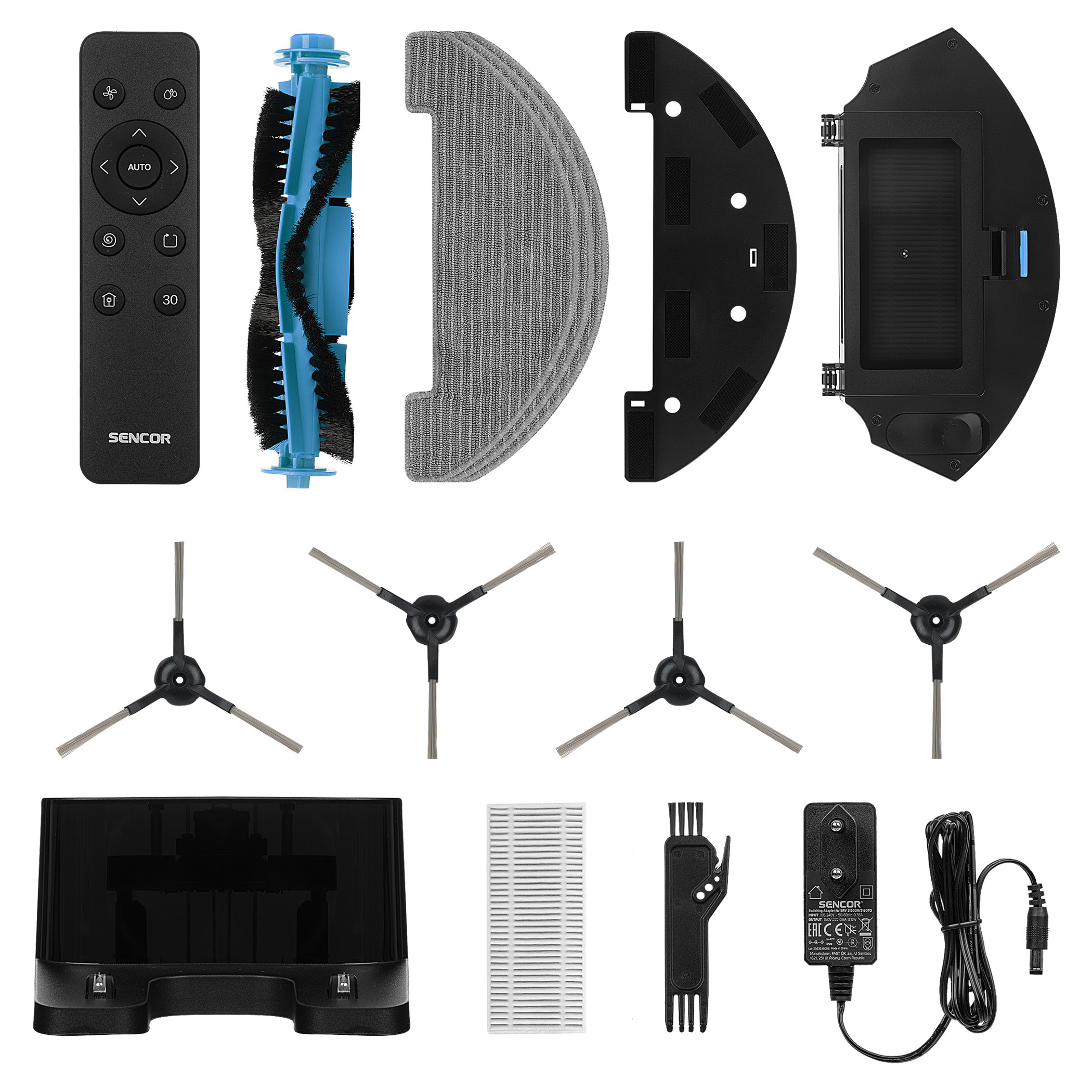 Various parts of a SENCOR robot vacuum cleaner, laid out on a white surface.