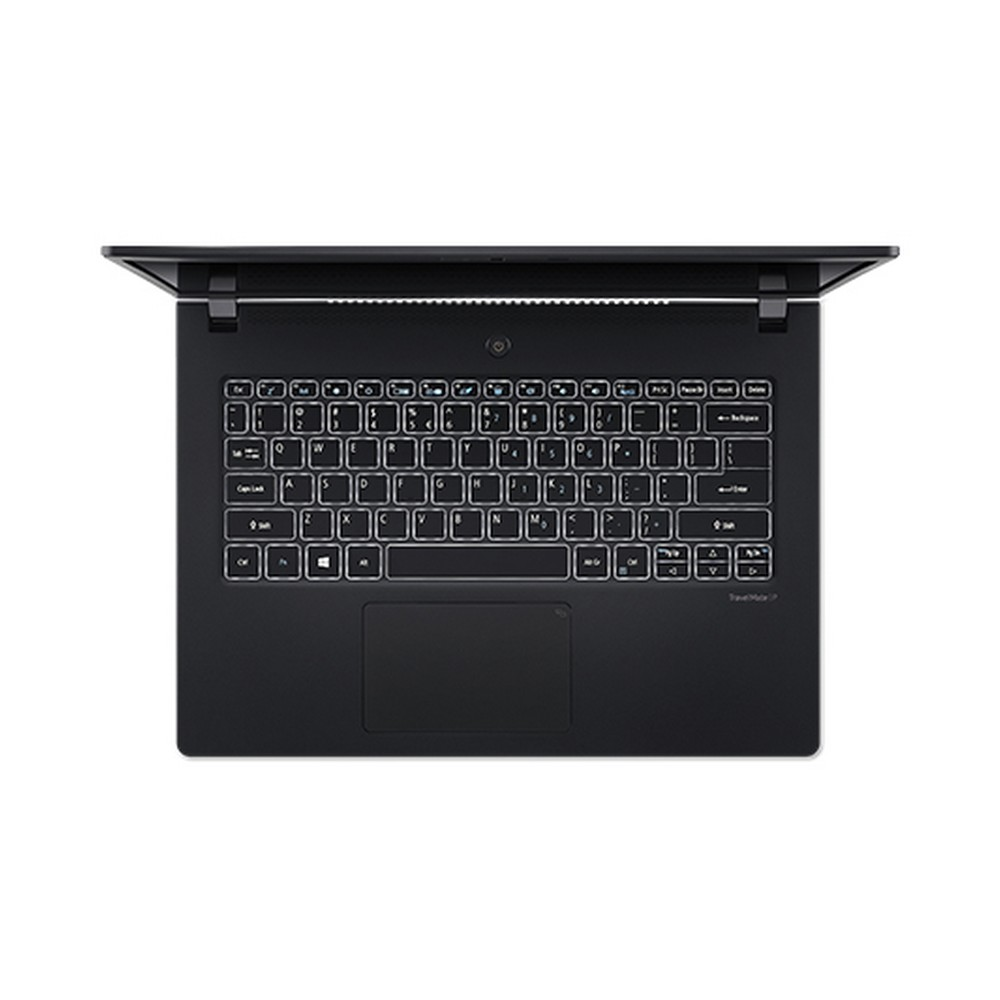 Laptop nero, aperto, vista dall'alto. Tastiera visibile. Lo schermo è nero.