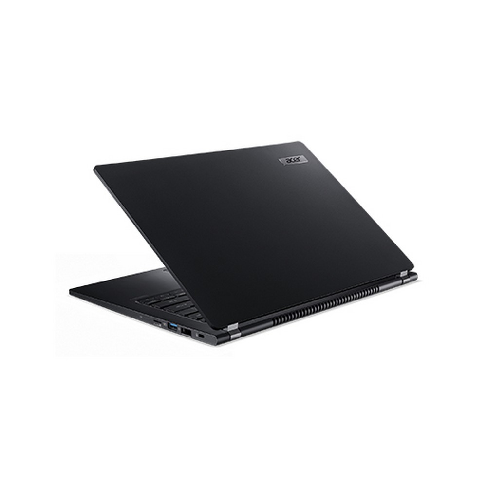 Laptop nero aperto ad angolo, che mostra il retro dello schermo. Logo Acer visibile.