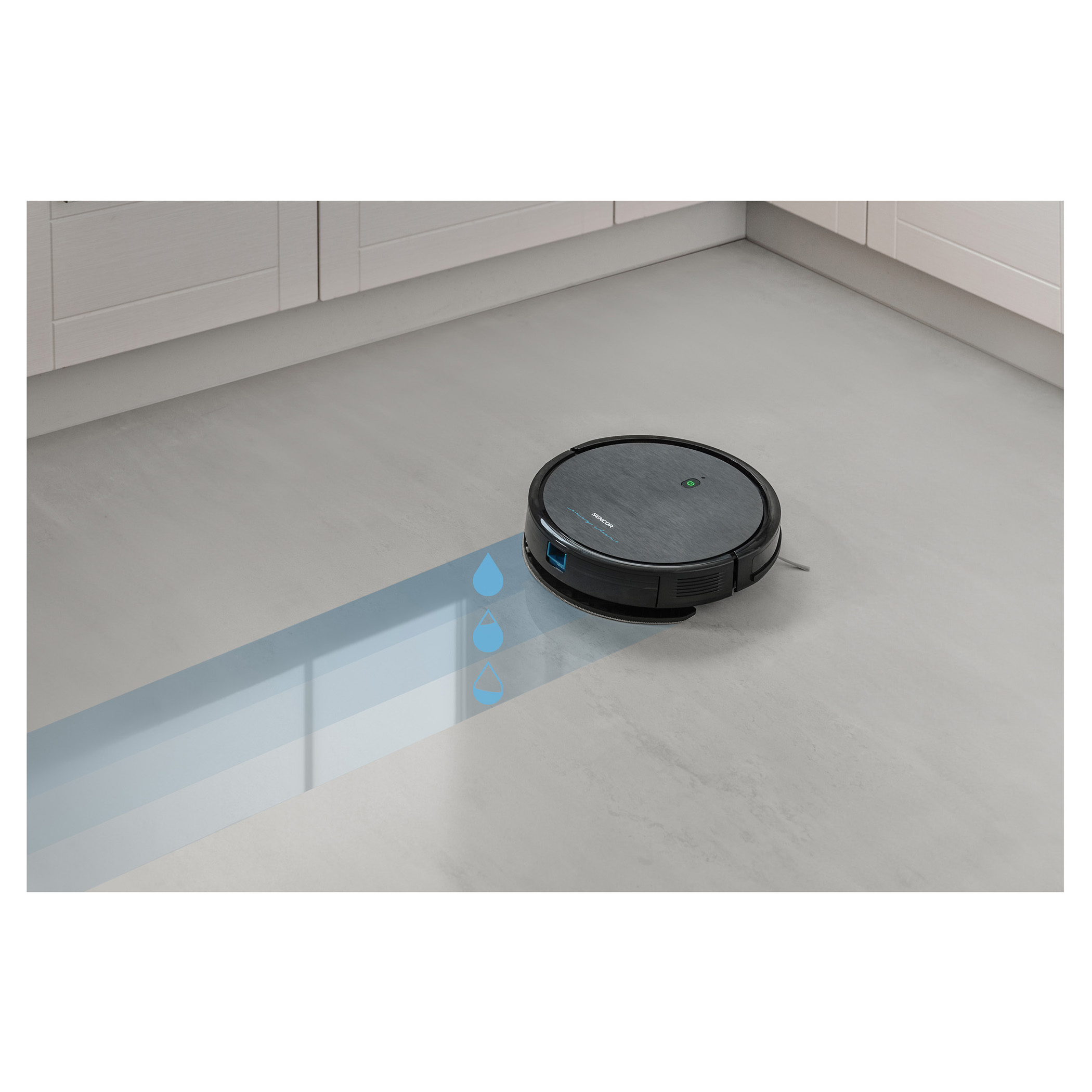 Un aspirapolvere robot nero su un pavimento grigio, con illustrazione di gocce d'acqua.