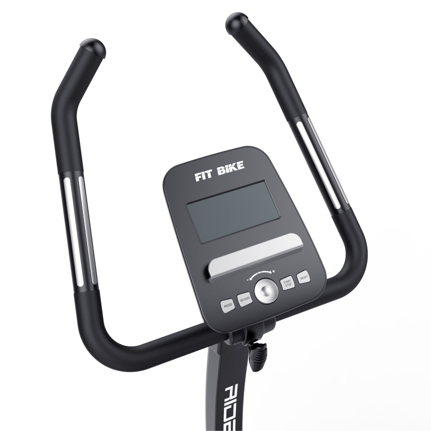 Guidon et console d'un vélo d'exercice, noir avec des accents argentés, sur fond blanc.