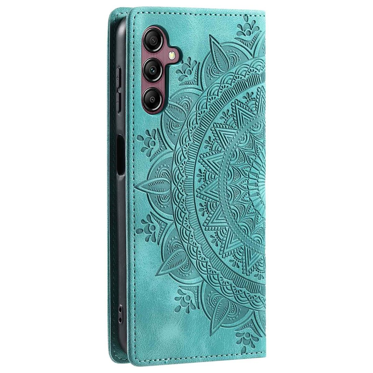 Türkisfarbene Handyhülle mit Mandala. Geöffnete Hülle, Telefon sichtbar, Mehrfachkamera. Weißer Hintergrund.