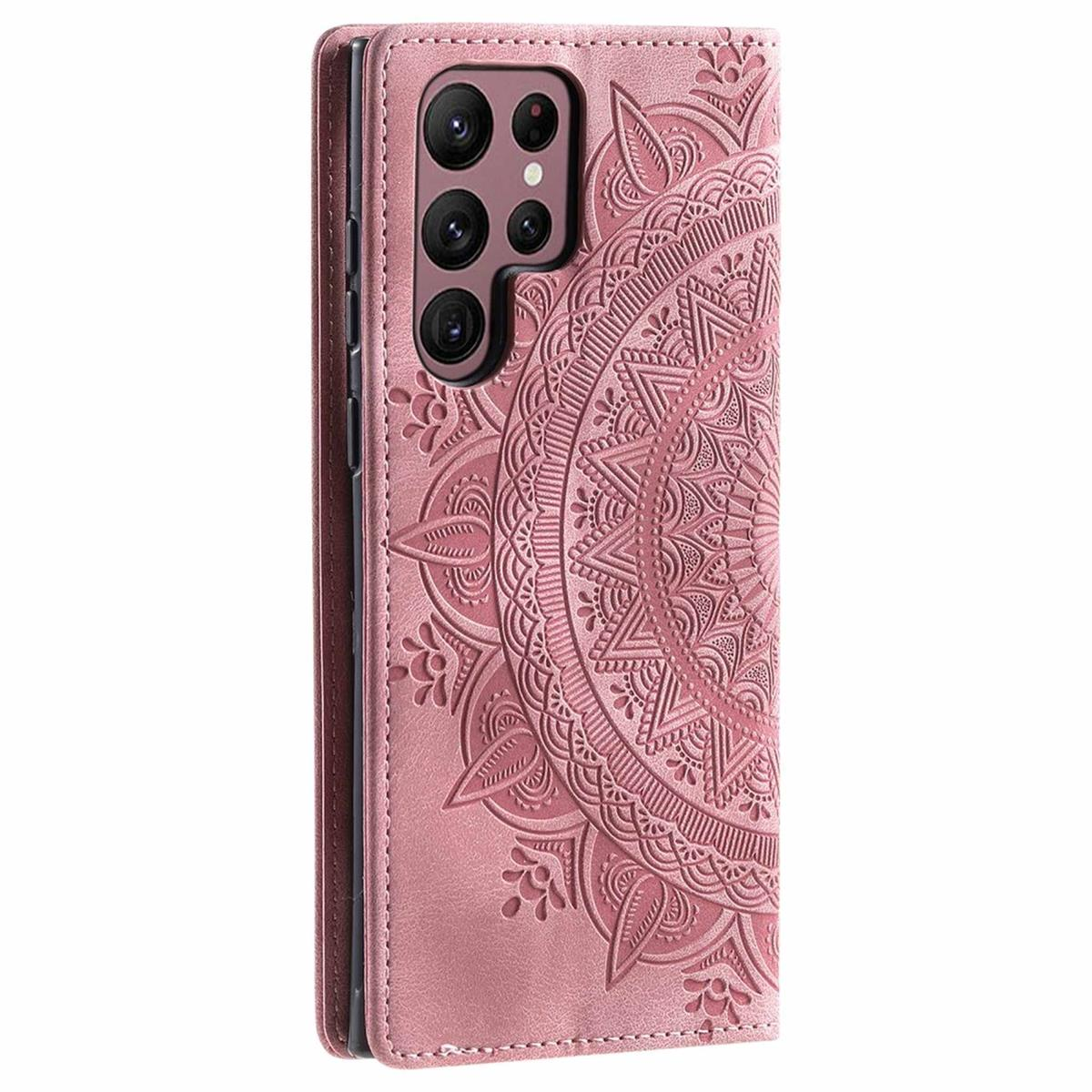 Rosa Leder-Handyhülle mit Mandala-Design, mit sichtbarem Telefon und Kameras.
