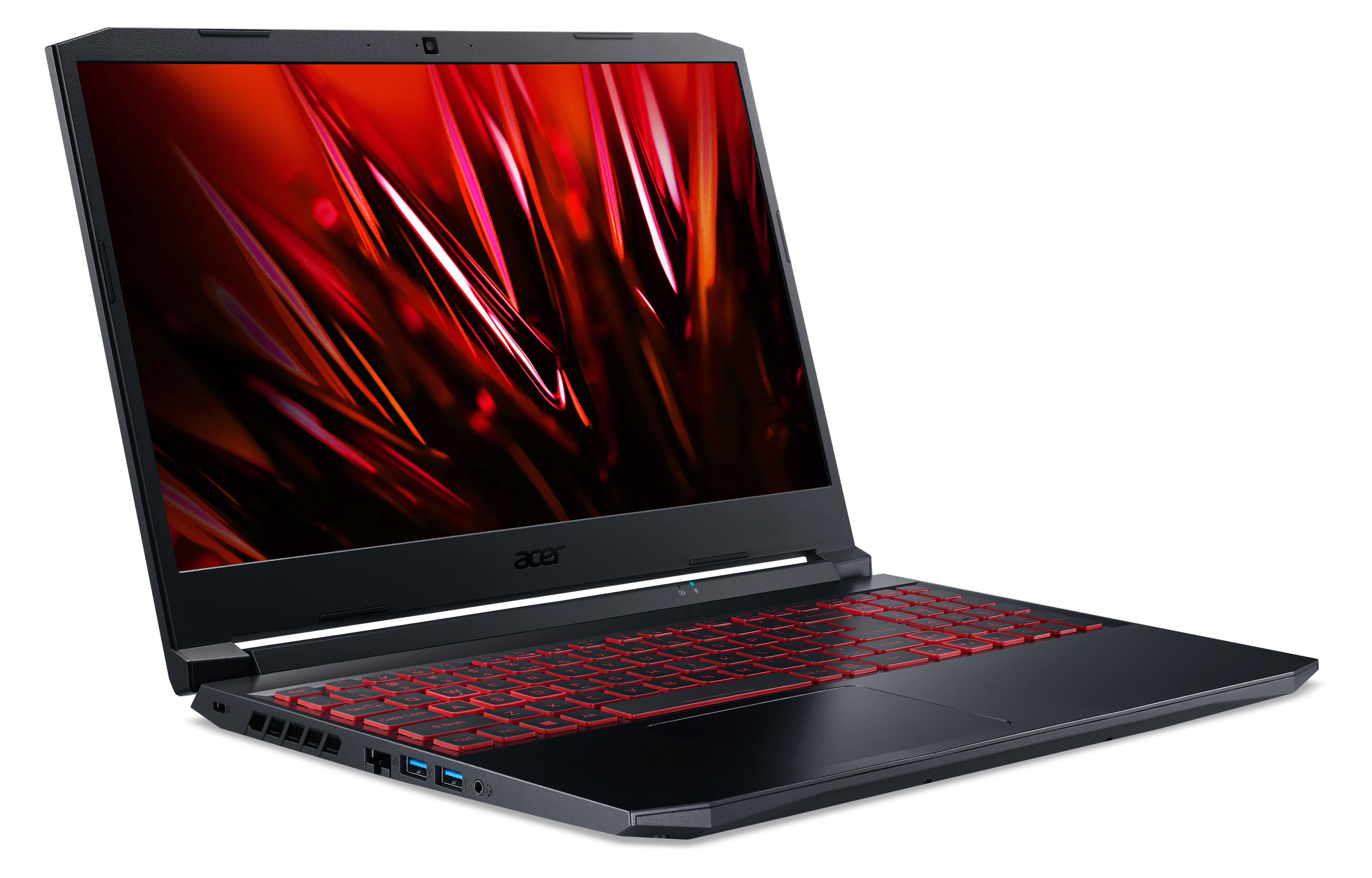 Un laptop Acer nero con tastiera retroilluminata rossa, aperto su una superficie bianca.