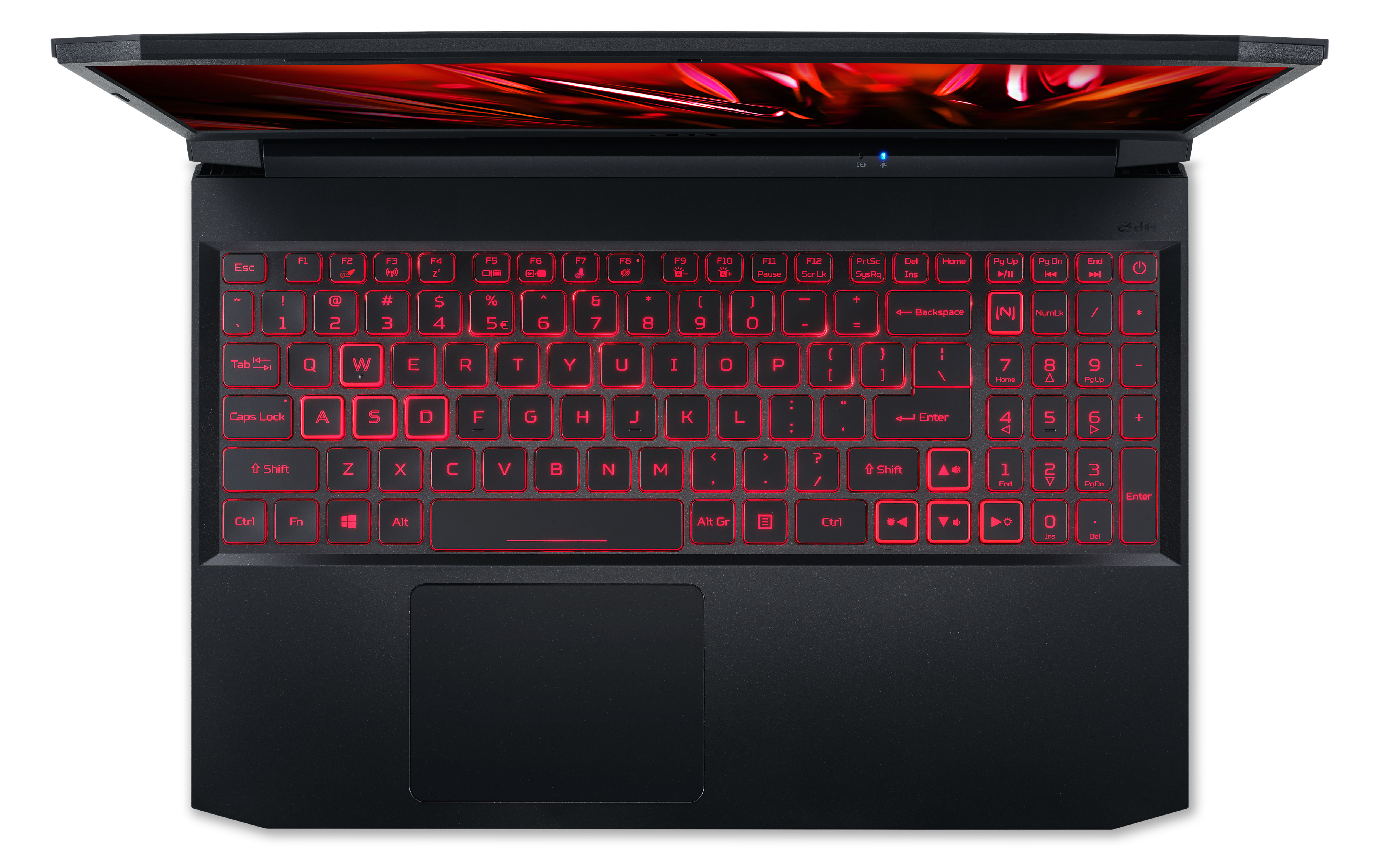 Tastiera del laptop con tasti retroilluminati rossi. Lo schermo è aperto. Laptop nero con custodia nera.