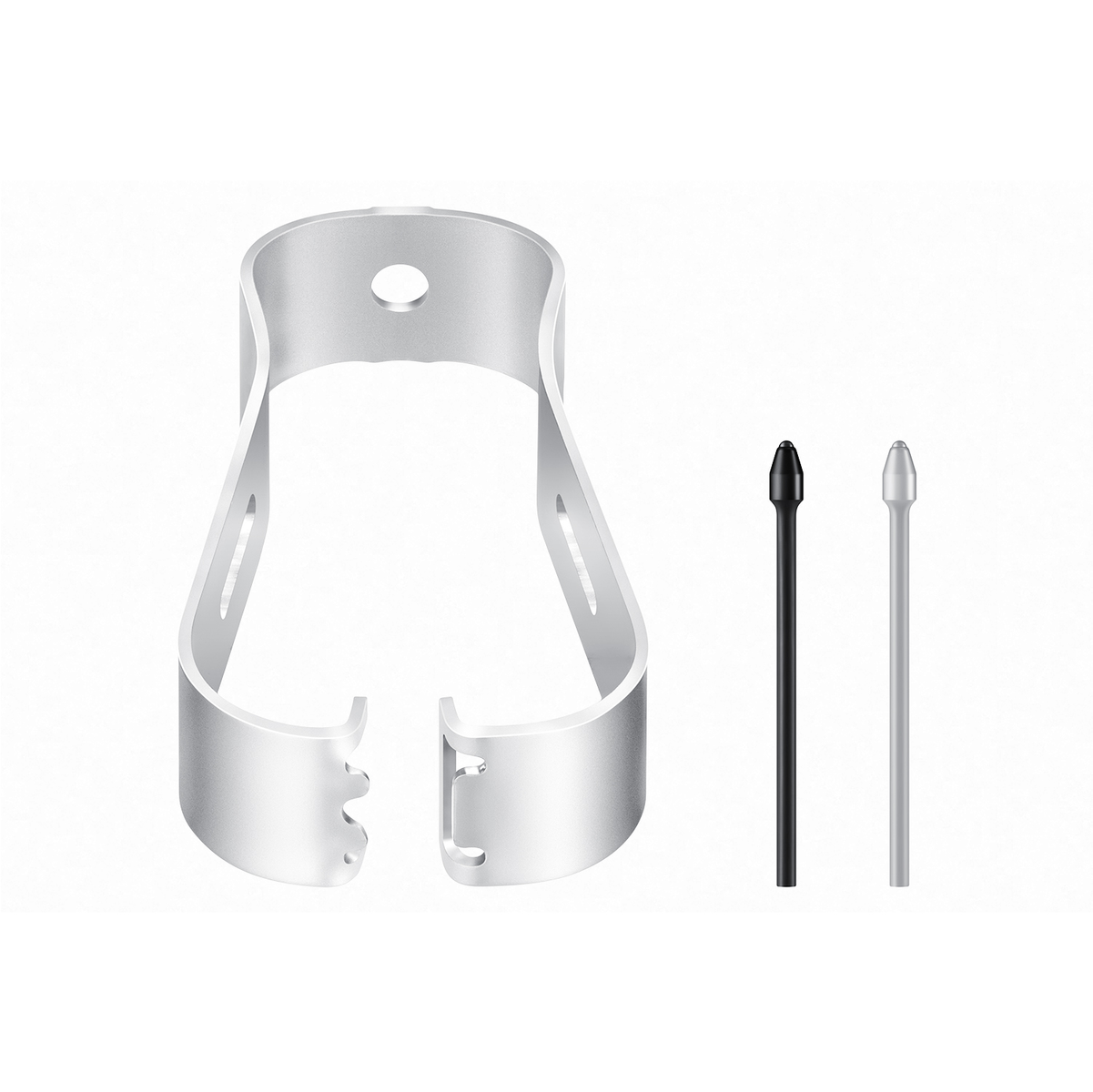 Srebrny uchwyt na rysik i dwa rysiki na białym tle.