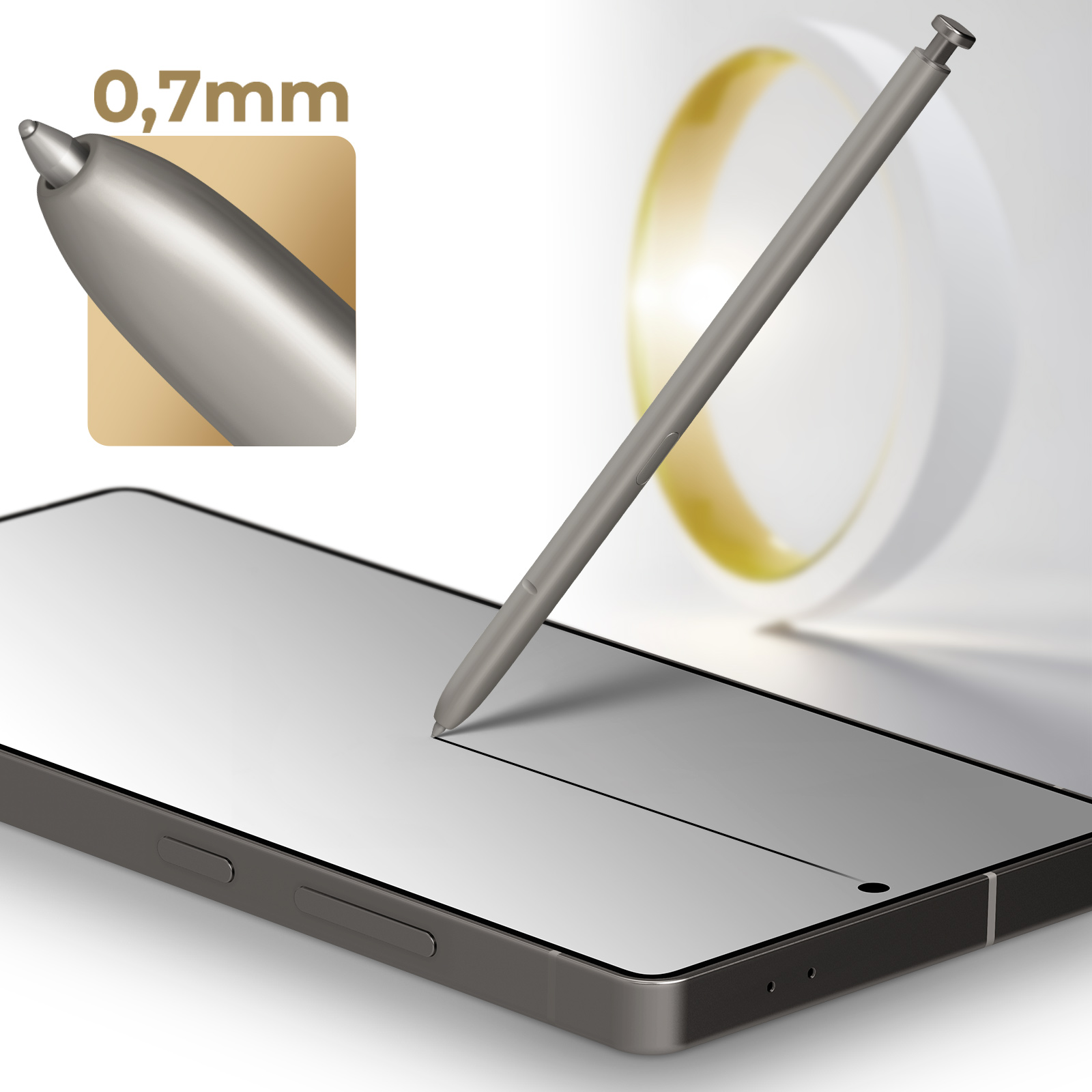 Rysik na ekranie telefonu. Widoczna końcówka rysika i pudełko 0,7 mm. Narysowana linia.