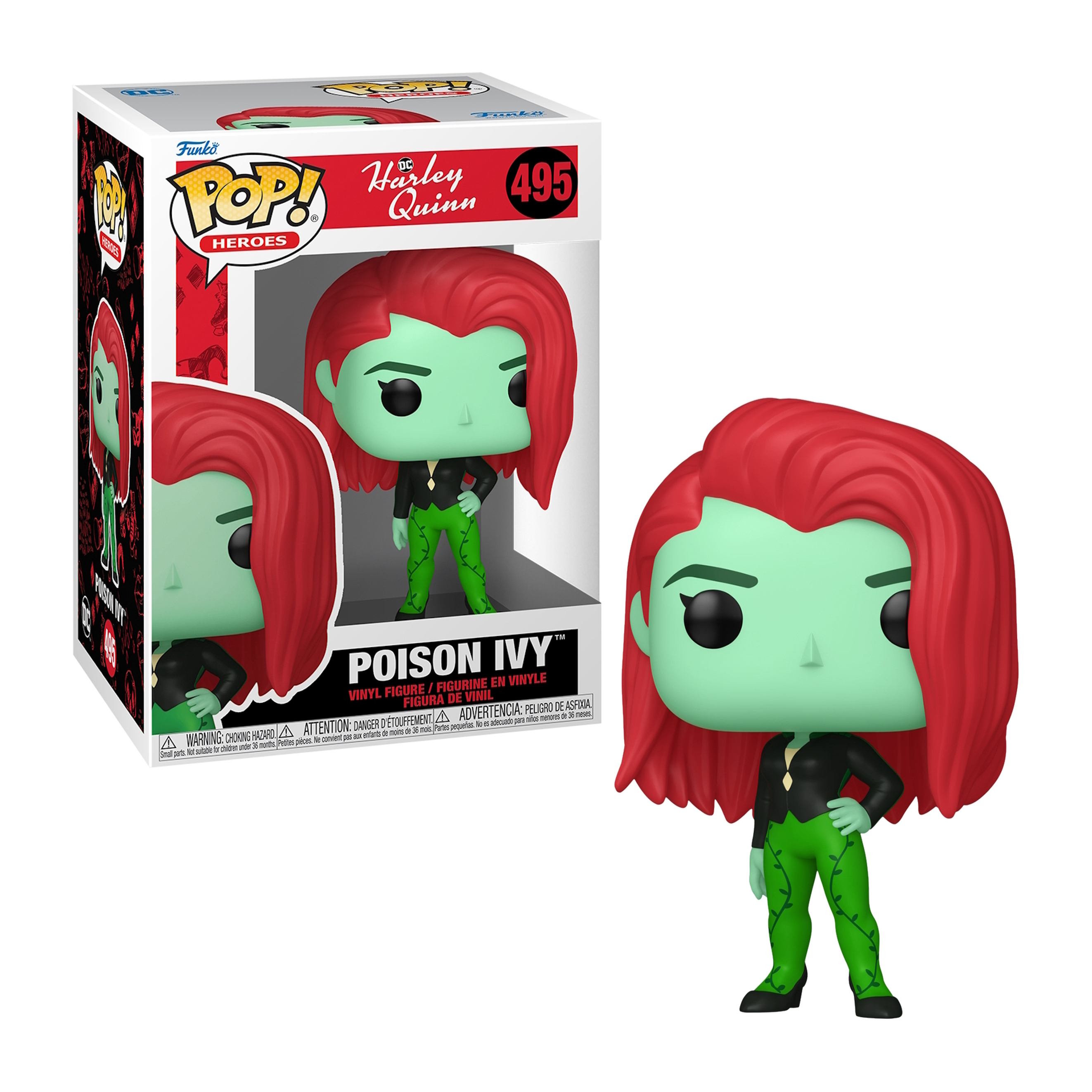 Figurka Funko Pop Harley Quinn w pudełku. Ma rude włosy, zieloną skórę i czarno-zielone ubrania.
