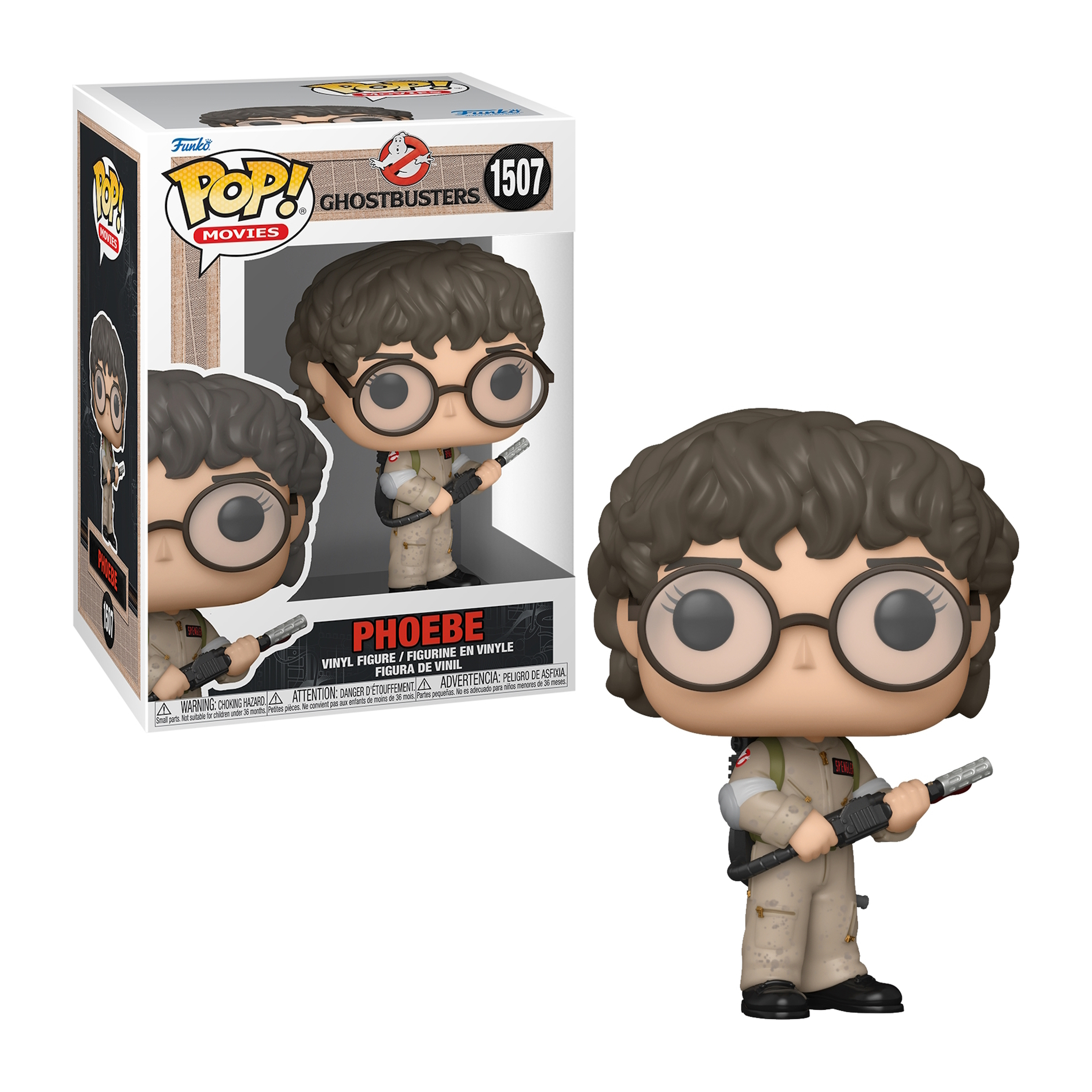 Figurka Ghostbusters Phoebe Funko Pop w pudełku i samodzielna figurka z okularami i plecakiem protonowym.