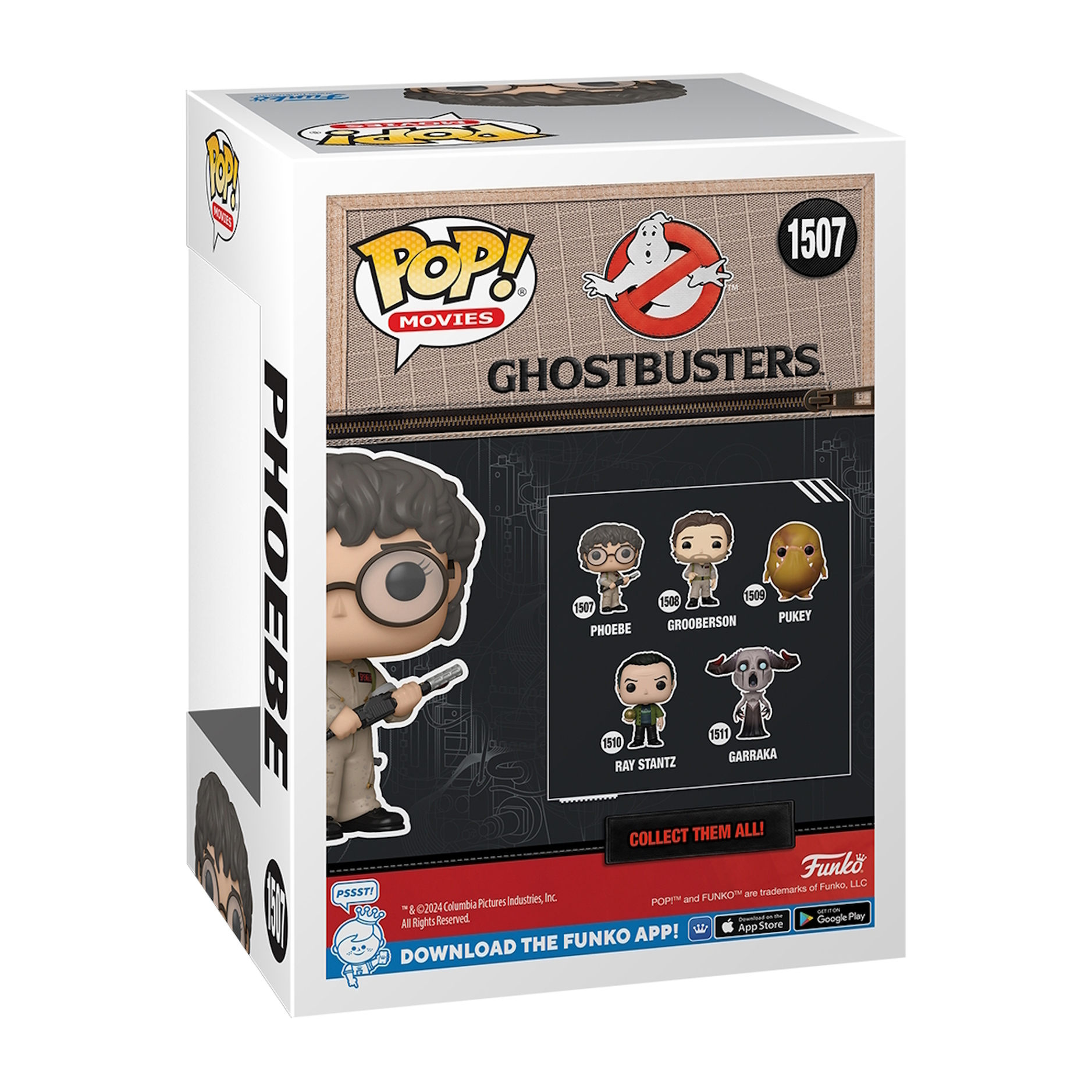 Tył pudełka Funko Pop Ghostbusters, z Phoebe i innymi postaciami.