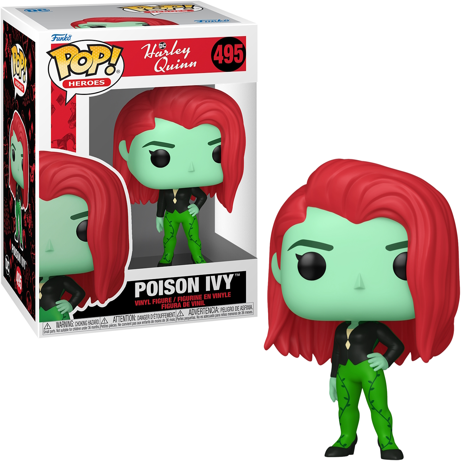 Figurka Funko Pop Poison Ivy z pudełkiem. Figurka jest zielona, z rudymi włosami i czarnym strojem.