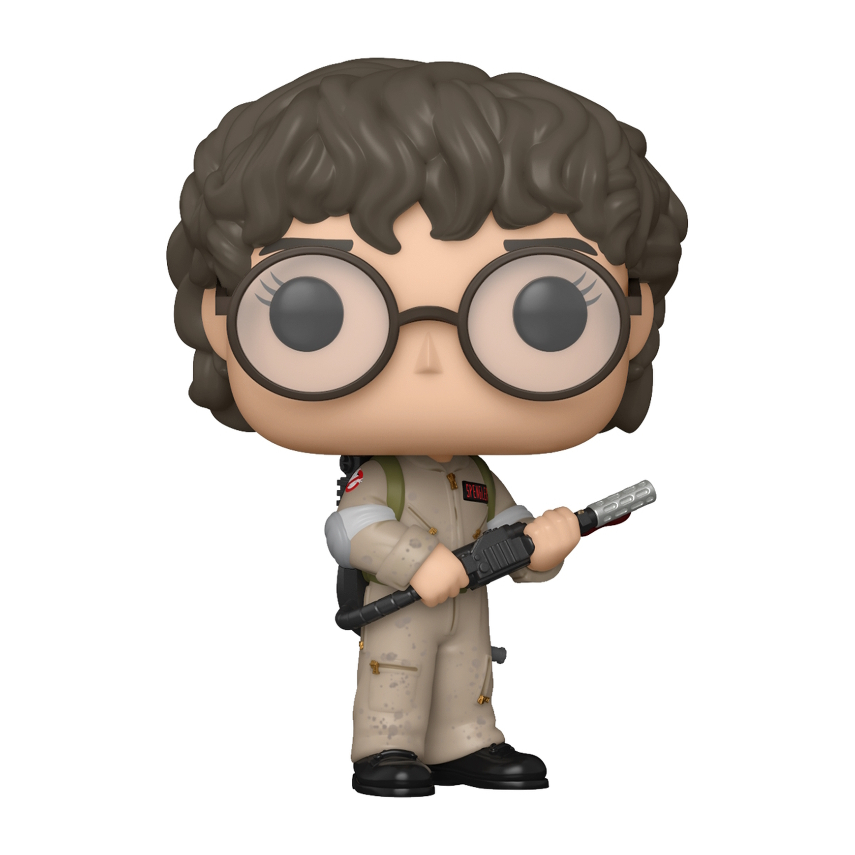 Figurka Funko Pop postaci z Ghostbusters w beżowym kombinezonie, trzymająca plecak protonowy.