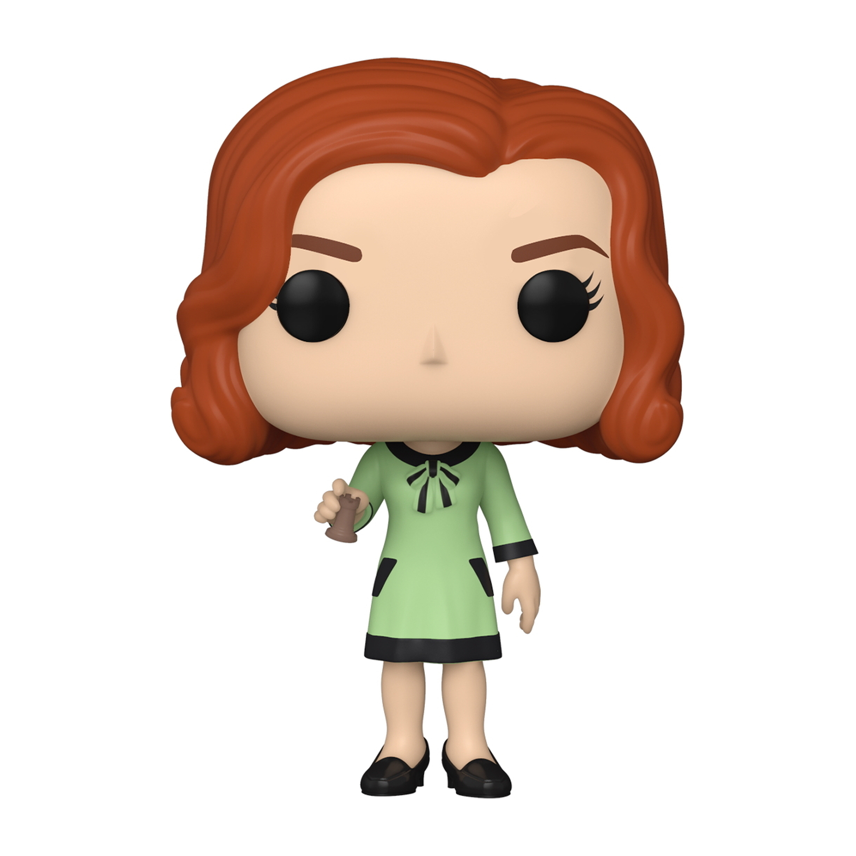 Figurka Funko Pop kobiety z rudymi włosami i zieloną sukienką. Trzyma trofeum.