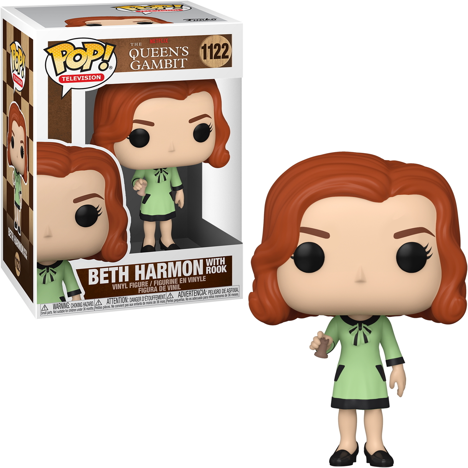 Figurka Funko Pop! Beth Harmon z Gambitu Królowej, widoczny pudełko i figurka.