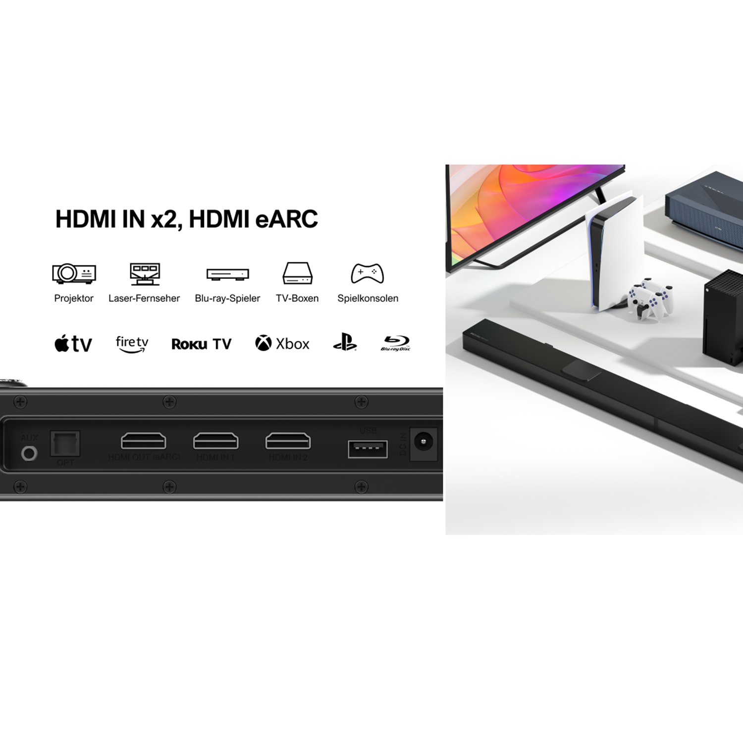 Eine schwarze Soundbar mit HDMI-Eingängen, eine PlayStation, Xbox und andere Elektronik in der Nähe.
