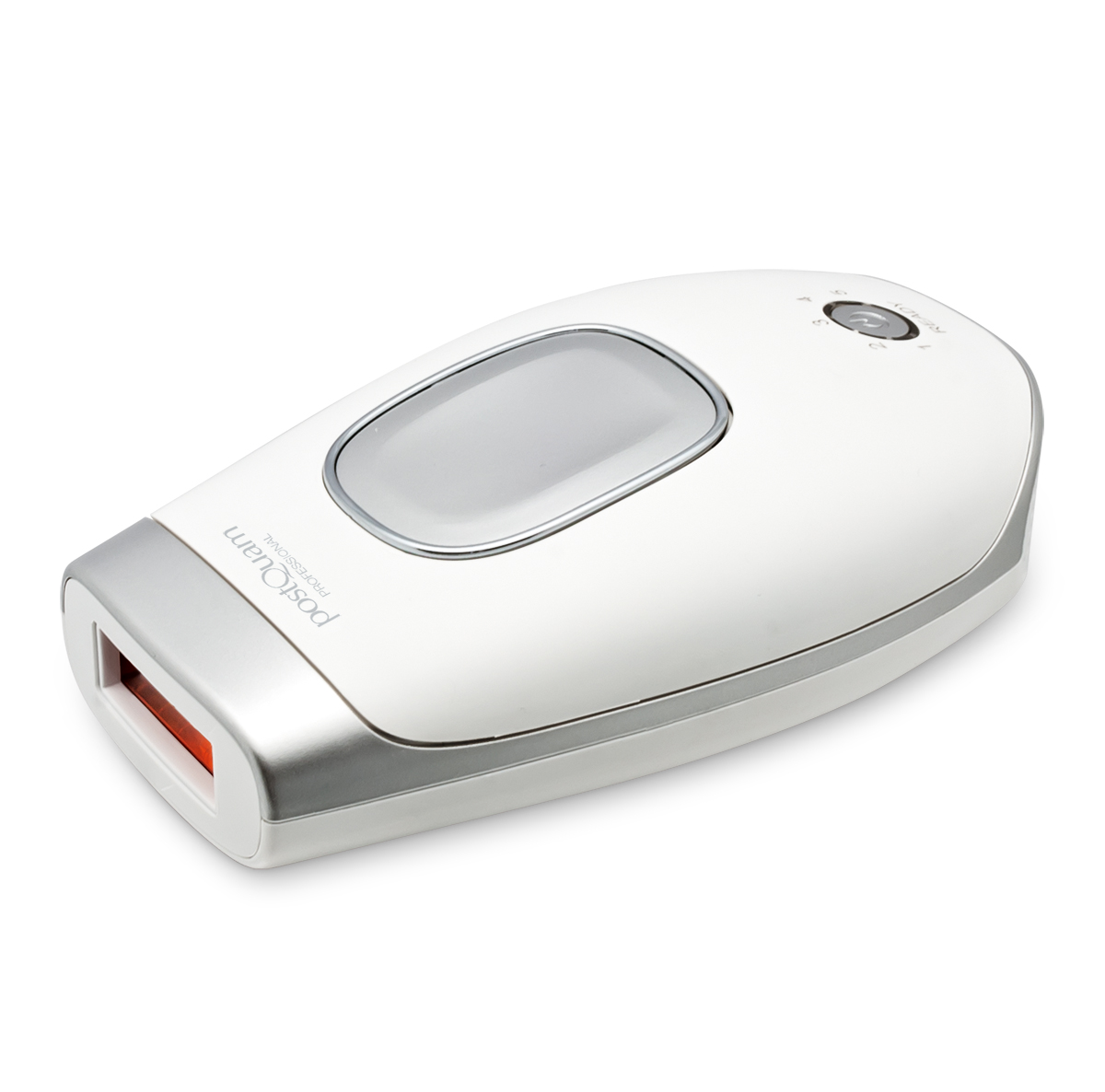 Białe urządzenie do usuwania włosów. Ma owalny kształt, ze srebrnymi akcentami.