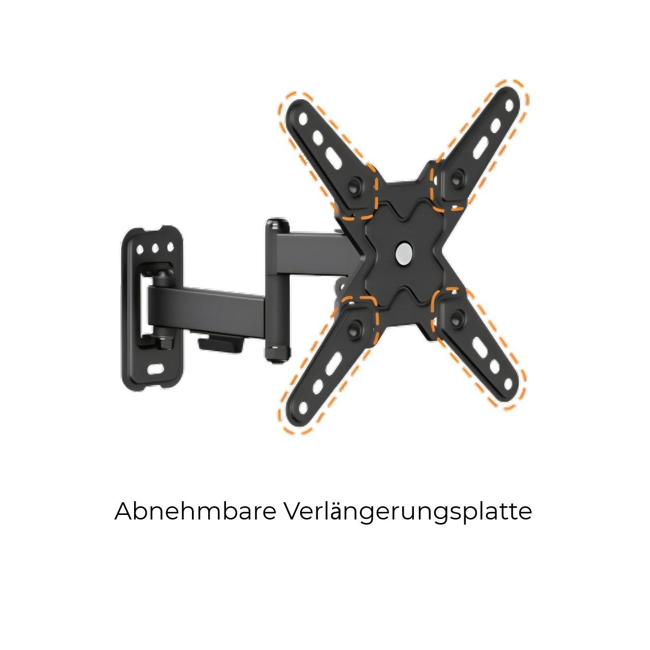 Schwarze TV-Wandhalterung mit Halterung auf weißem Hintergrund. Text: Abnehmbare Verlängerungsplatte.