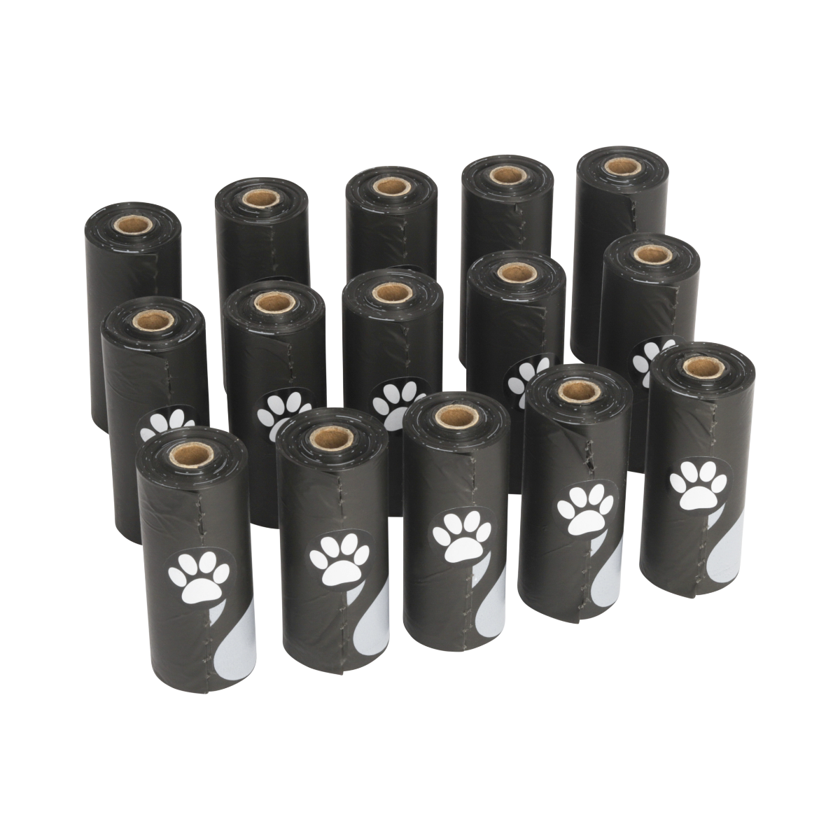 Schwarze Hundekotbeutel auf Rollen, mit weißen Pfotenabdrücken. Weißer Hintergrund.