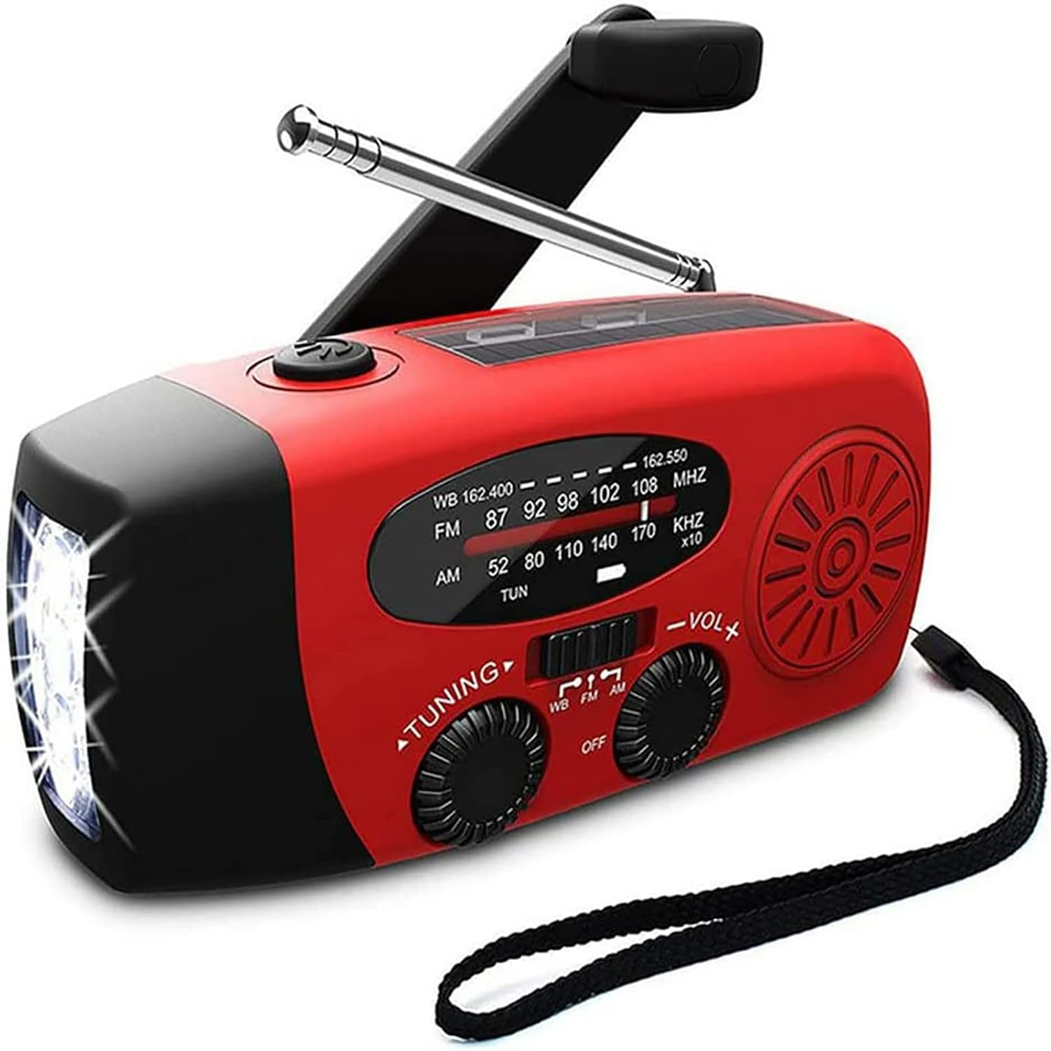 Rotes und schwarzes Notfallradio mit Taschenlampe und Griff.