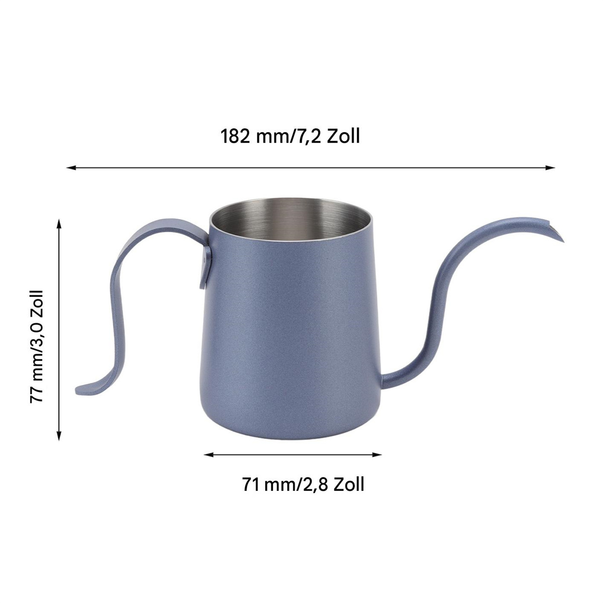 Ein blauer Schwanenhalskessel mit den Maßen: 182 mm, 77 mm und 71 mm.