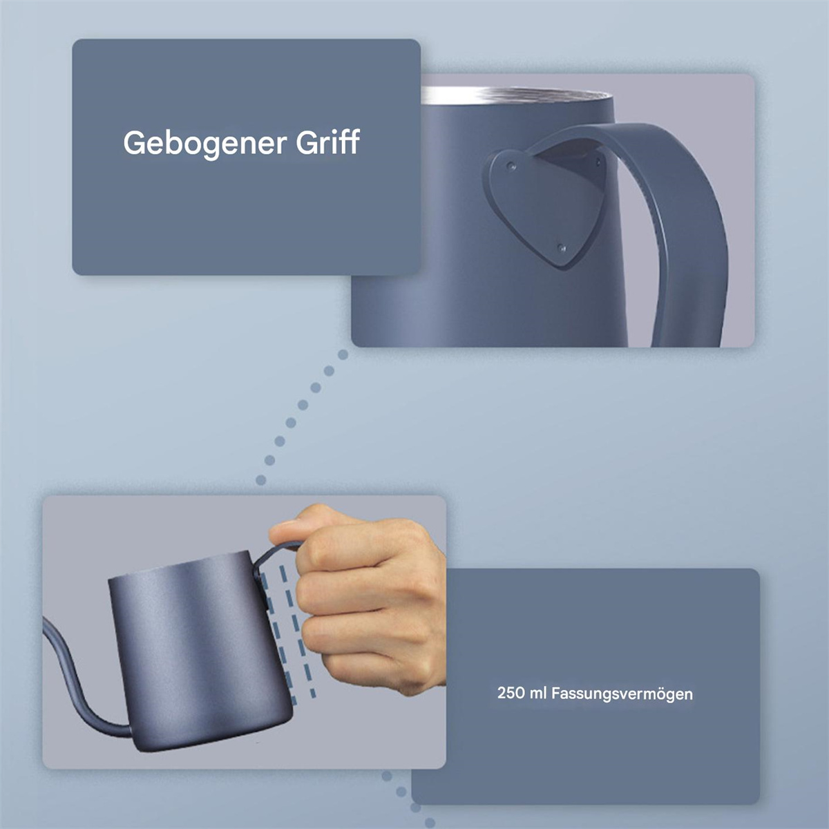 Ein grauer Wasserkessel mit gebogenem Griff und einem Diagramm, das seine Eigenschaften zeigt.
