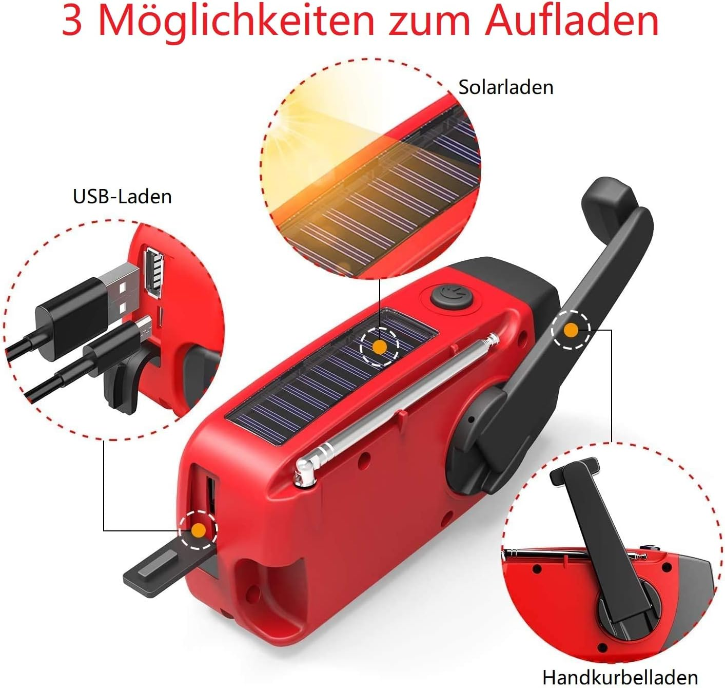Ein rotes Notladegerät mit Solarpanel, USB und Handkurbel.