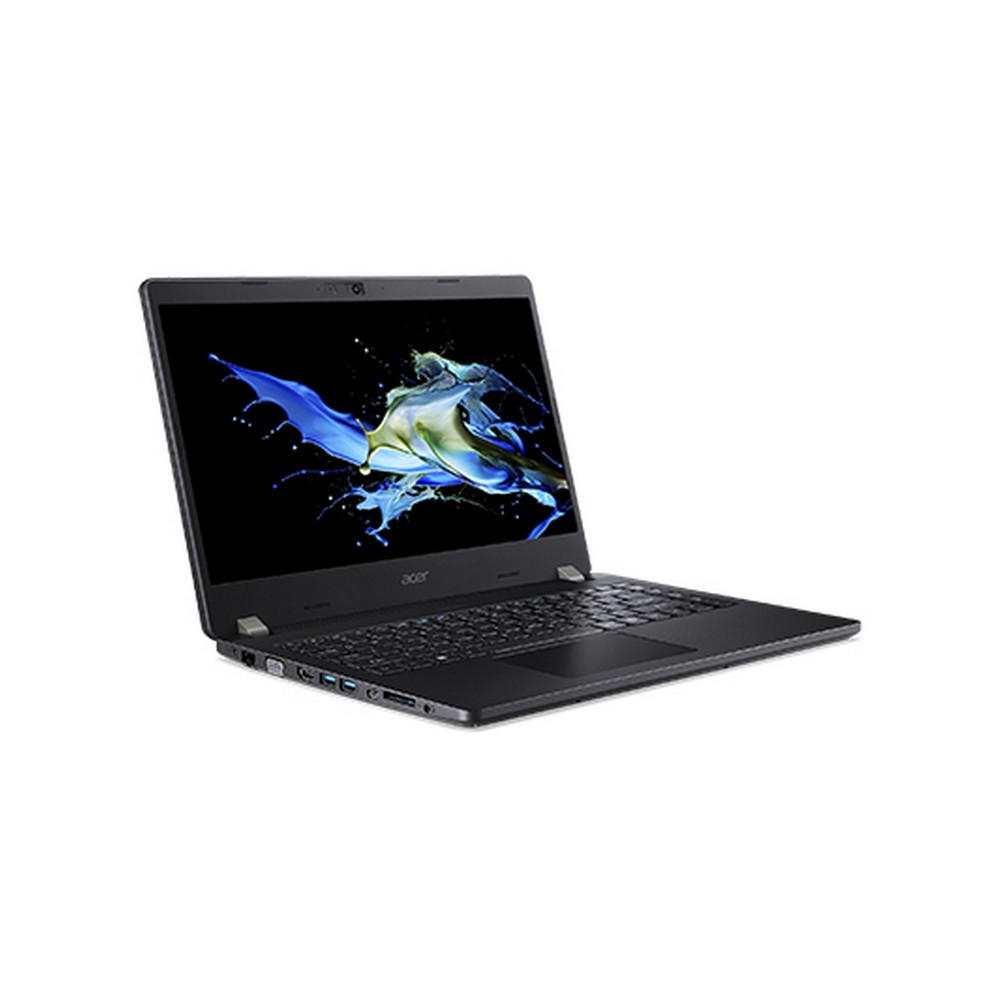 Laptop nero, aperto, vista angolata. Lo schermo mostra uno splash blu su sfondo bianco.