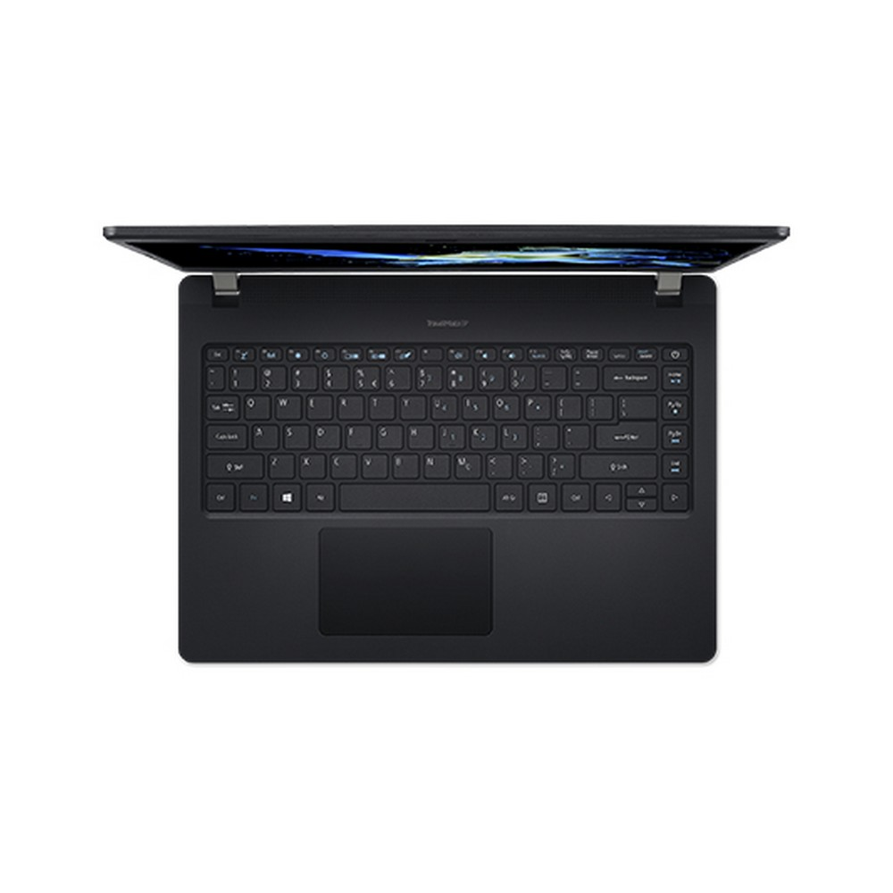 Laptop nero, aperto, vista dall'alto. Tastiera visibile. Lo schermo è nero.