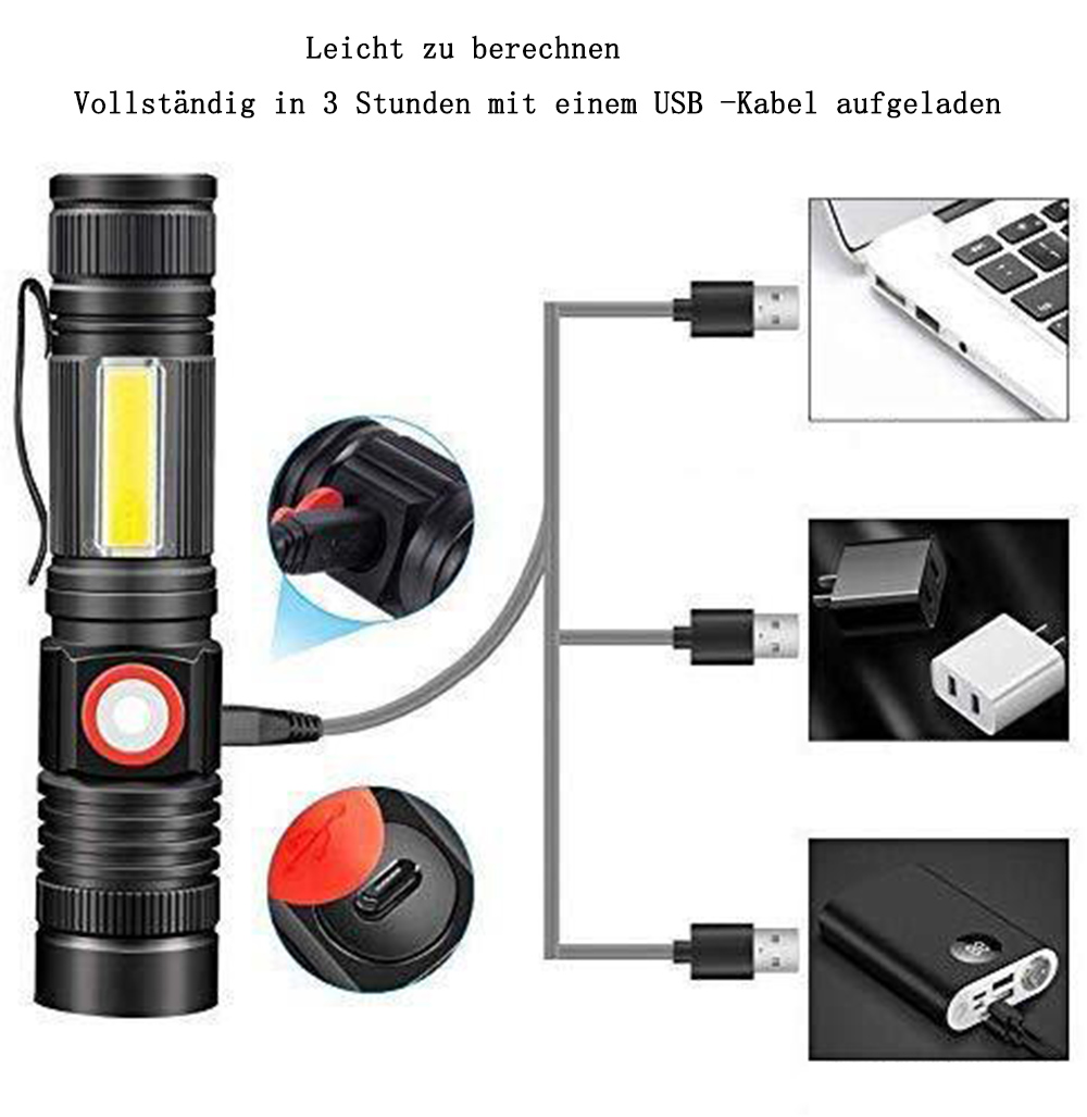 Taschenlampe neben Ladegeräten und Laptop, Ladevorgang zeigend.