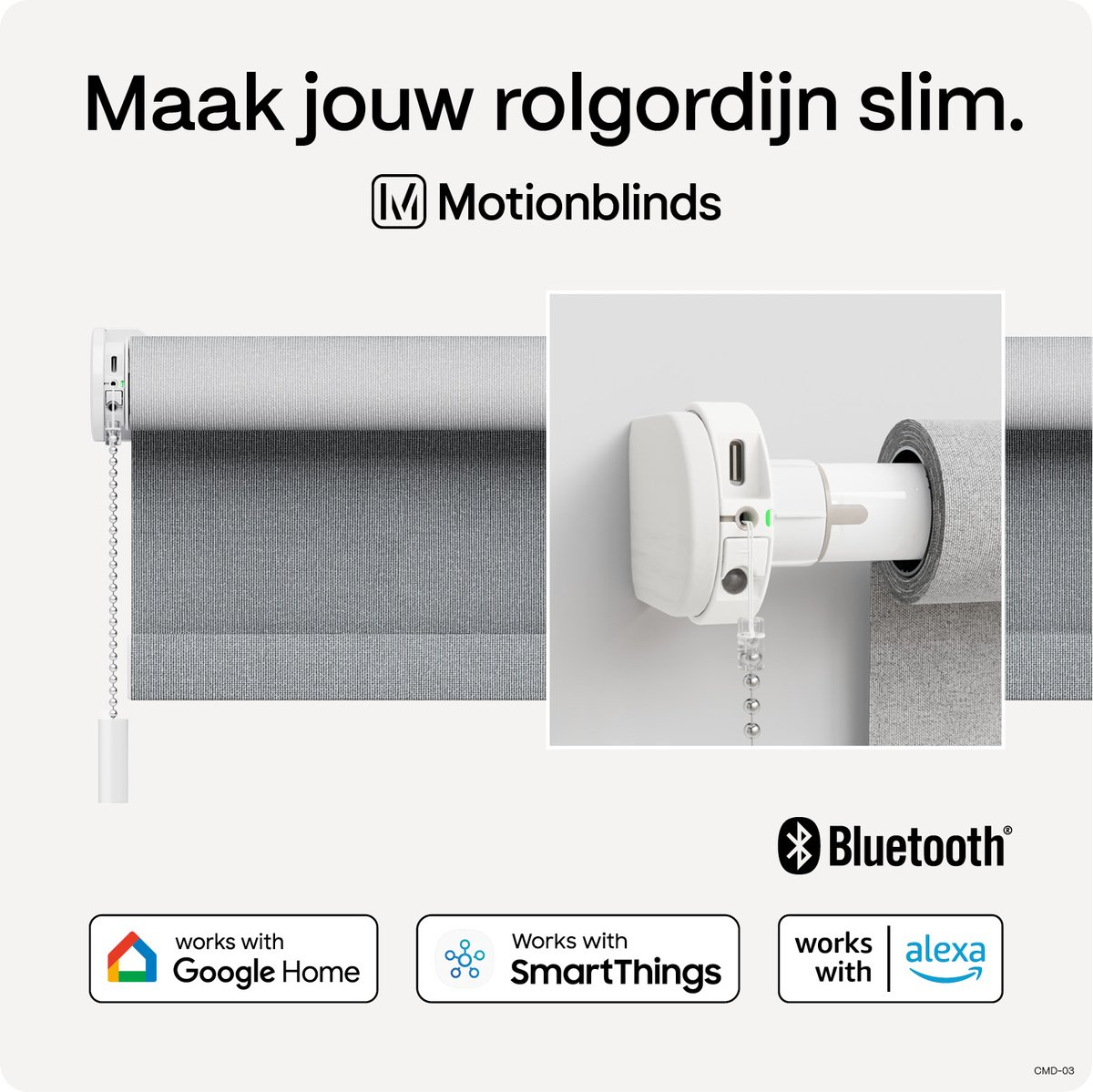 A close-up of a smart blind system with a motor and remote controls. The text says 'MotionBlinds'.