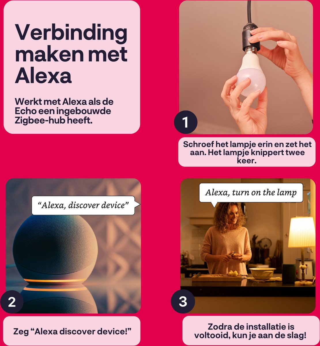 Instructions for connecting Alexa with a smart lightbulb, with images and text.