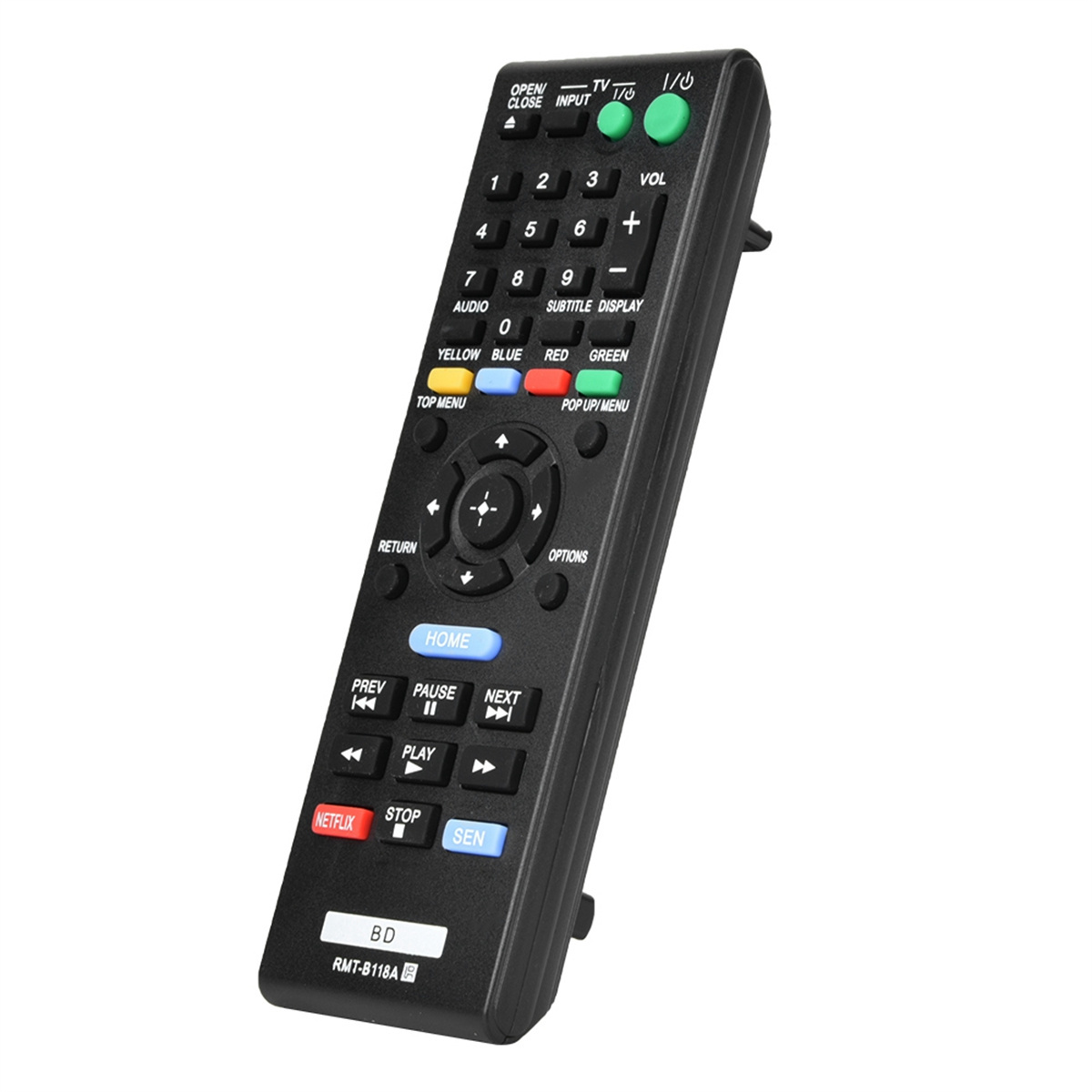 Schwarze TV-Fernbedienung mit beschrifteten Tasten und BD-Logo, auf weißem Hintergrund.