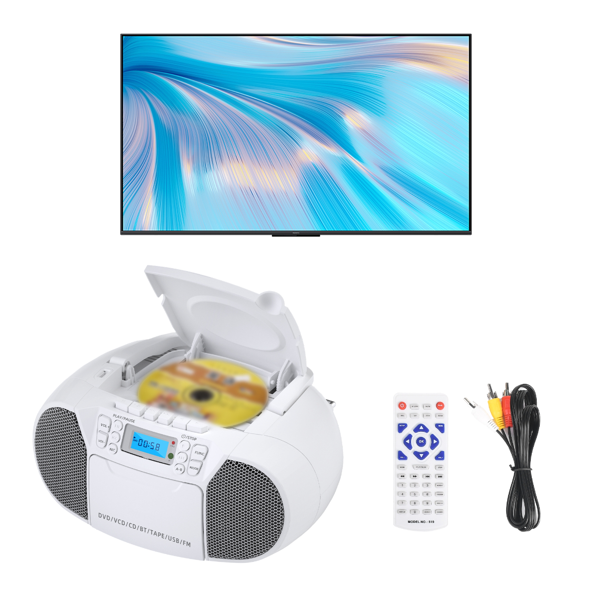 Ein großer Fernseher über einem CD-Player mit Fernbedienung und Audiokabeln.