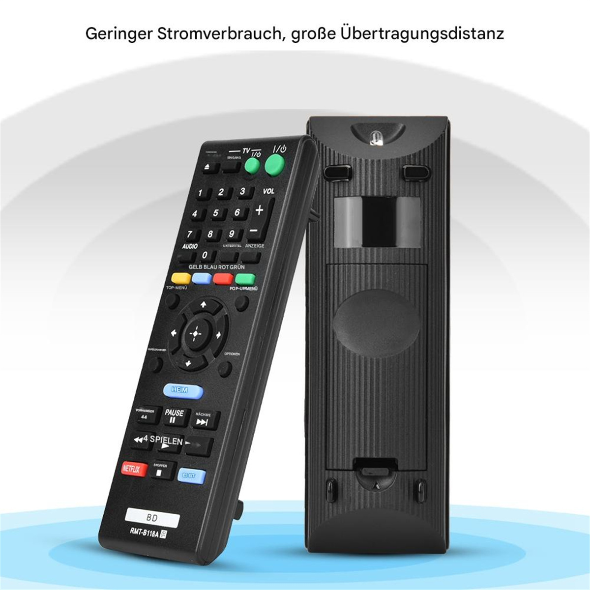 Zwei schwarze TV-Fernbedienungen, eine mit Text, die Rückseite der anderen ist sichtbar.
