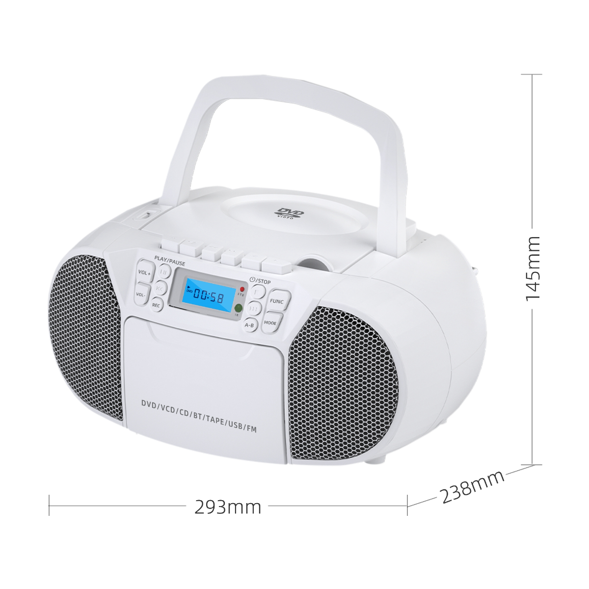 Ein weißer DVD/VCD/CD-Player mit Griff, blauem Display und verschiedenen Knöpfen. Abmessungen sind angegeben.