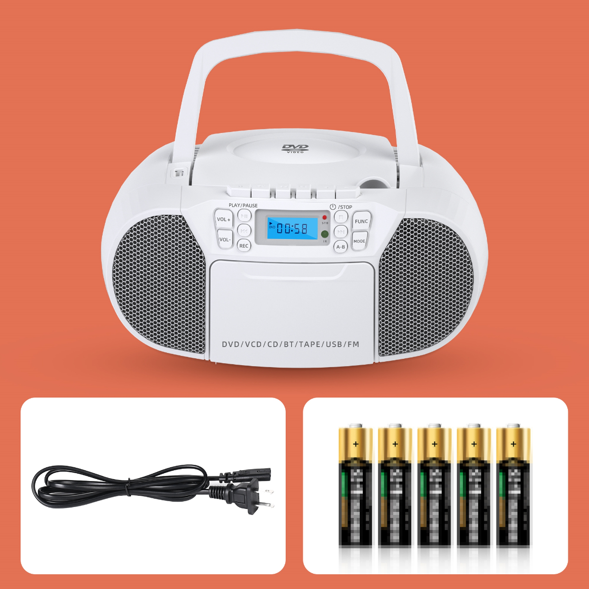 Ein weißer tragbarer DVD-Player mit Griff, Netzkabel und einem Satz Batterien.