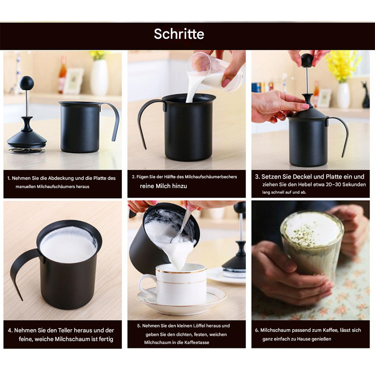 Sechs Bilder, die Schritte zum Aufschäumen von Milch mit einem manuellen Milchaufschäumer zeigen.