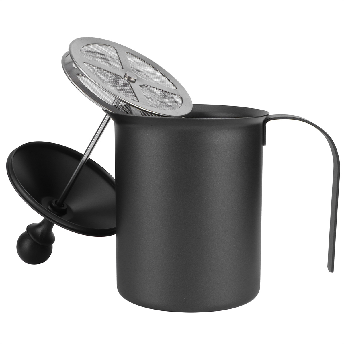 Eine schwarze Kaffeepresse mit Griff. Der Deckel ist abgenommen und zeigt das Netzfilter und den Kolben.