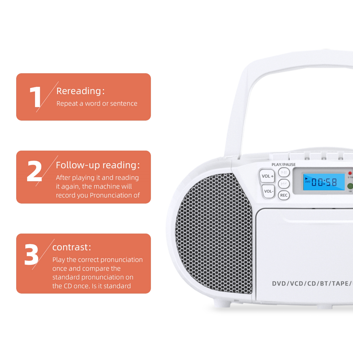 Ein weißer CD-Player mit drei orangefarbenen Kästchen mit Text darauf. Der Player spielt Audio ab.