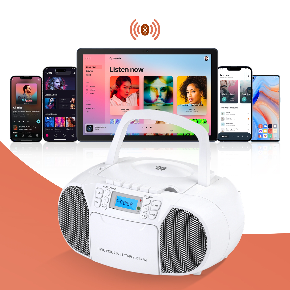 Ein weißer tragbarer DVD-Player mit Griff, umgeben von Smartphones und einem Tablet.